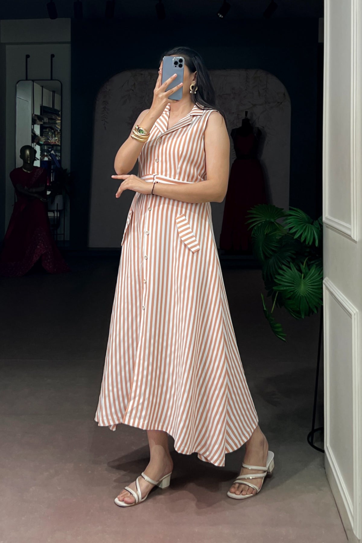 Peach Striped Pettal Silk Belted Dress