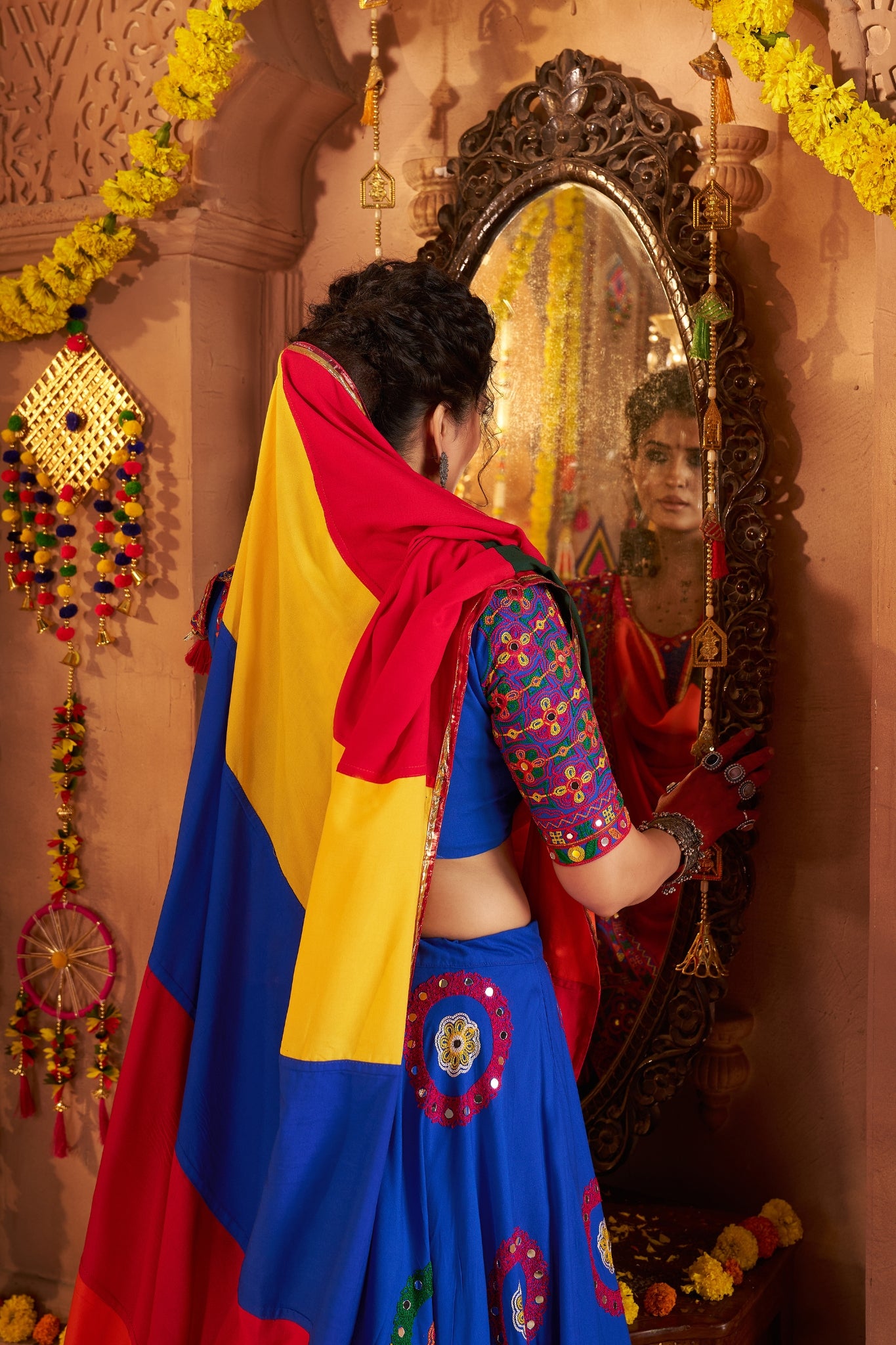 Viscose Cotton Elegant Thread Embroidered With Mirror Work Traditional Navratri Lehenga Choli