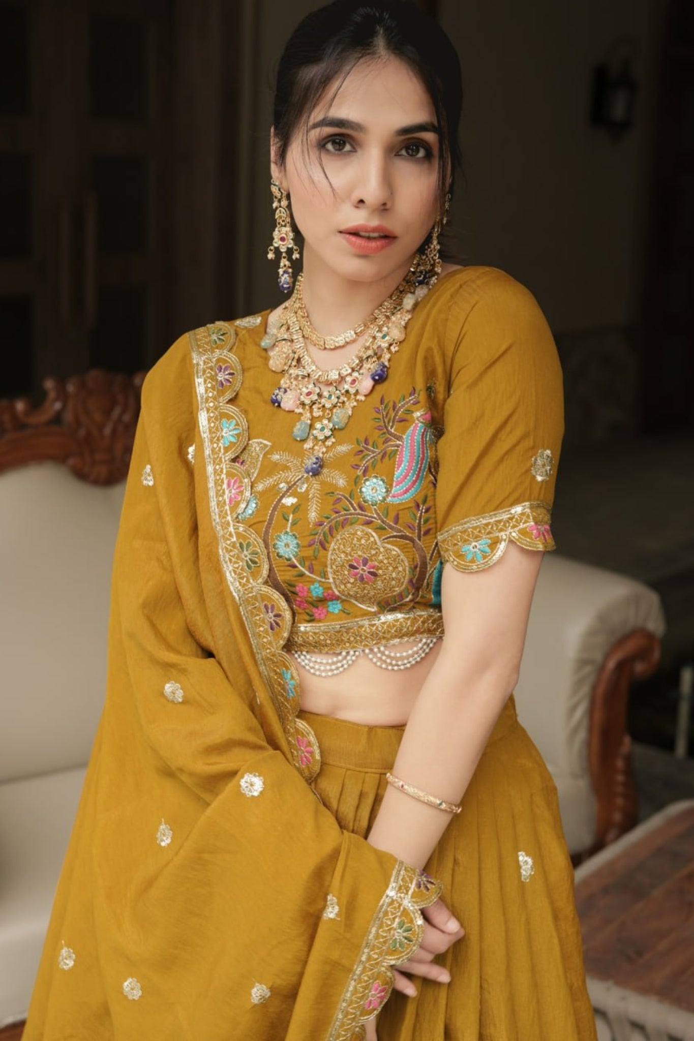 Royal Mustard Haldi Designer Lehenga Choli With Multicolor Embroidery And Designer Dupatta