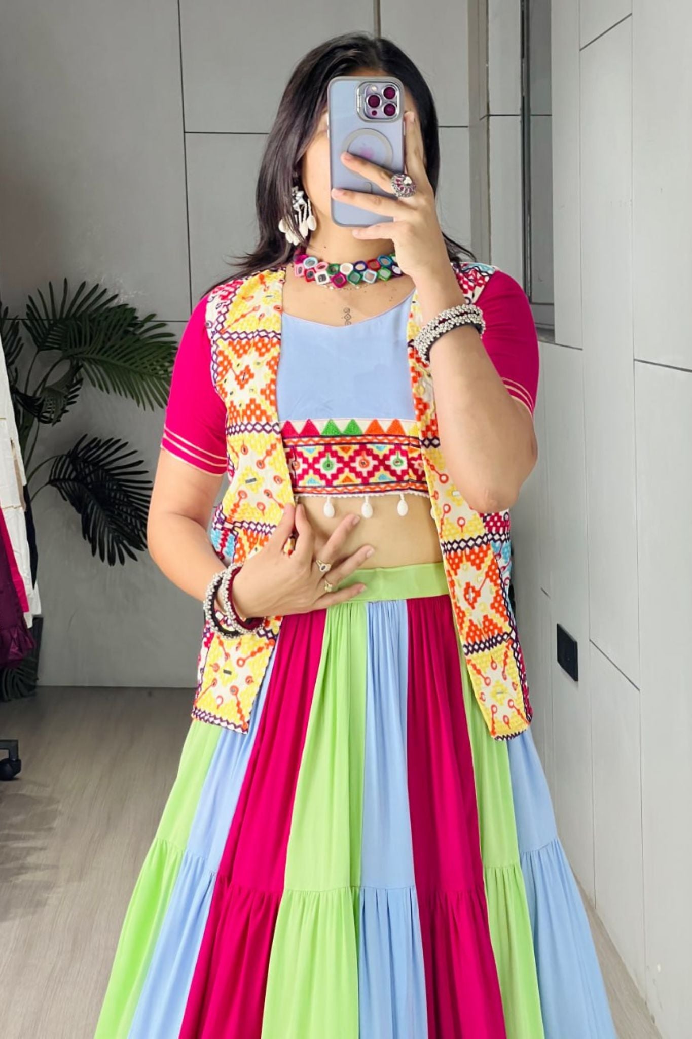 Raasrang Multicolor Cotton Navratri Designer Lehenga Choli With Mirror Work Koti