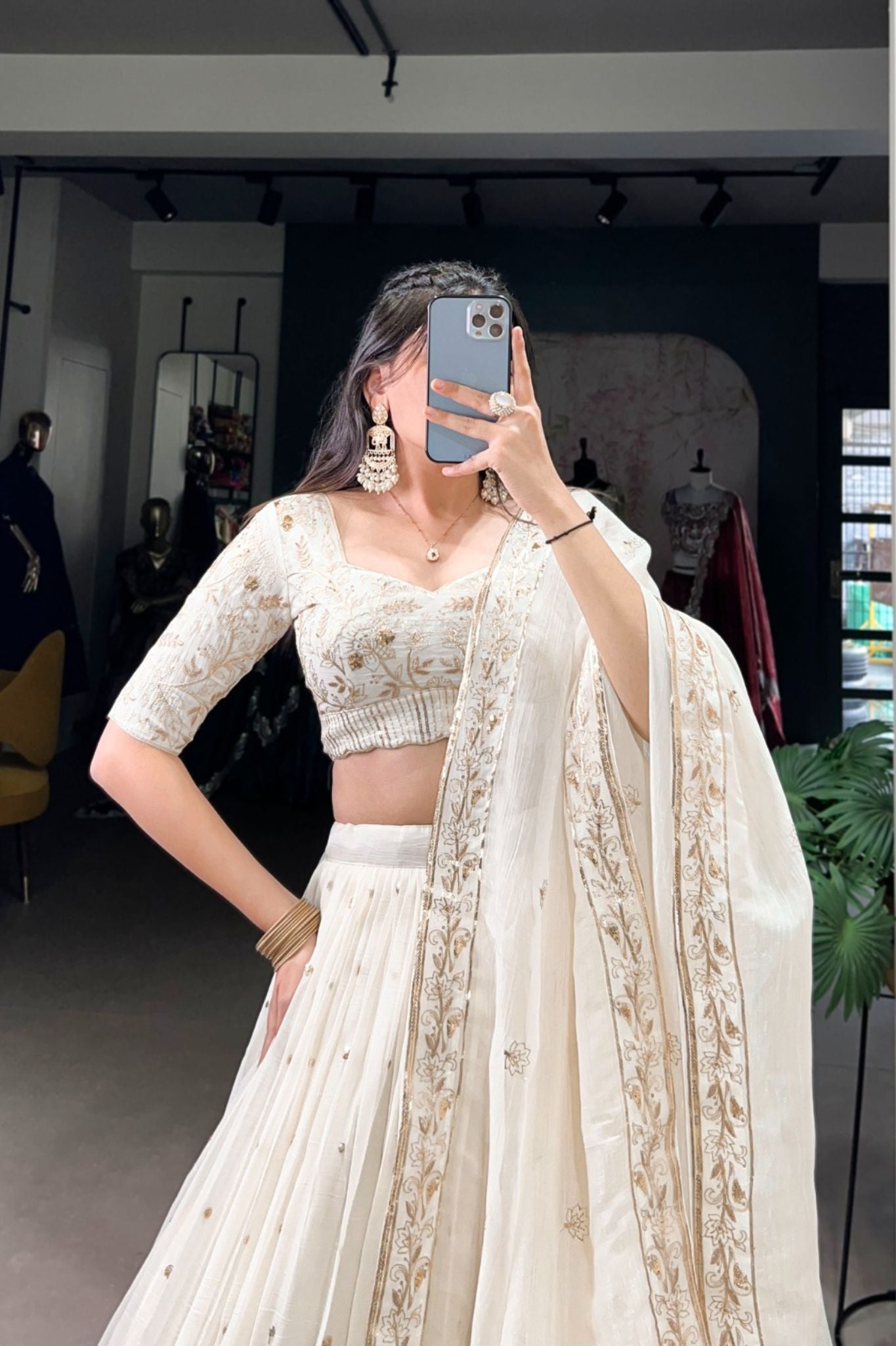 White Silver Glossy Sequins Embroidered Designer Lehenga Choli