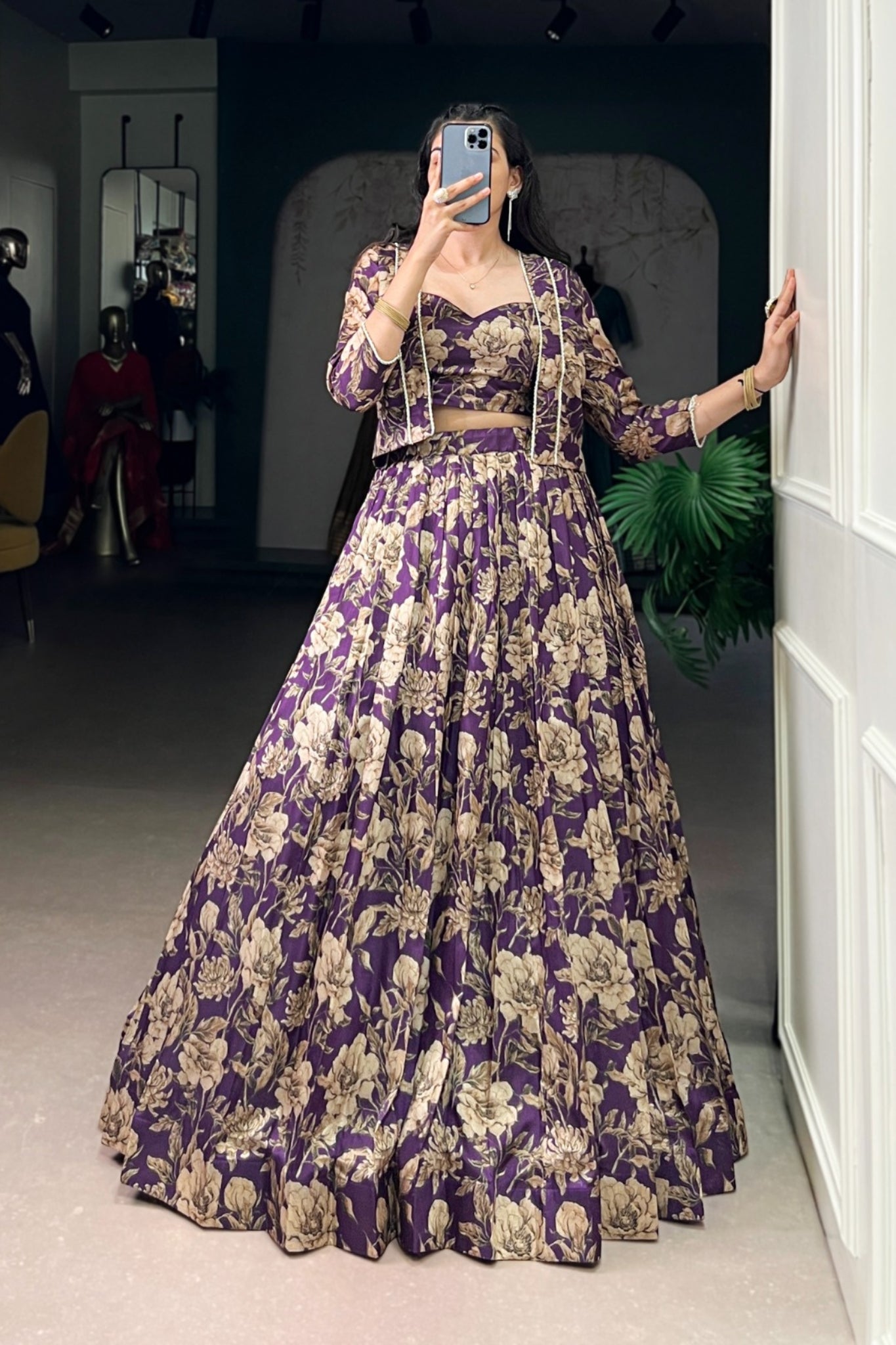 Luxury Tasar Silk Floral Print Lehenga Set With Stylish Koti