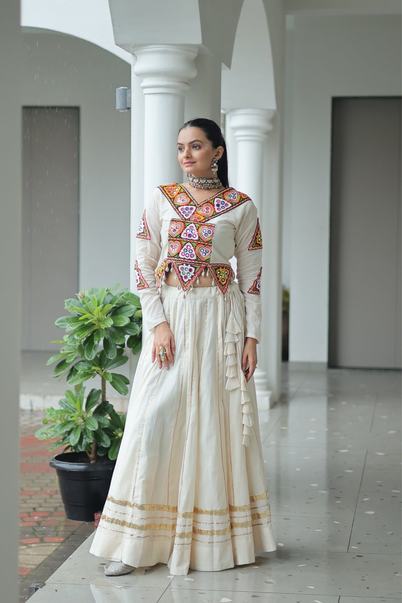 Off White Cotton Kutchi Gamthi Work With Gota Patti Lace Touch up Navratri Designer Lehenga choli