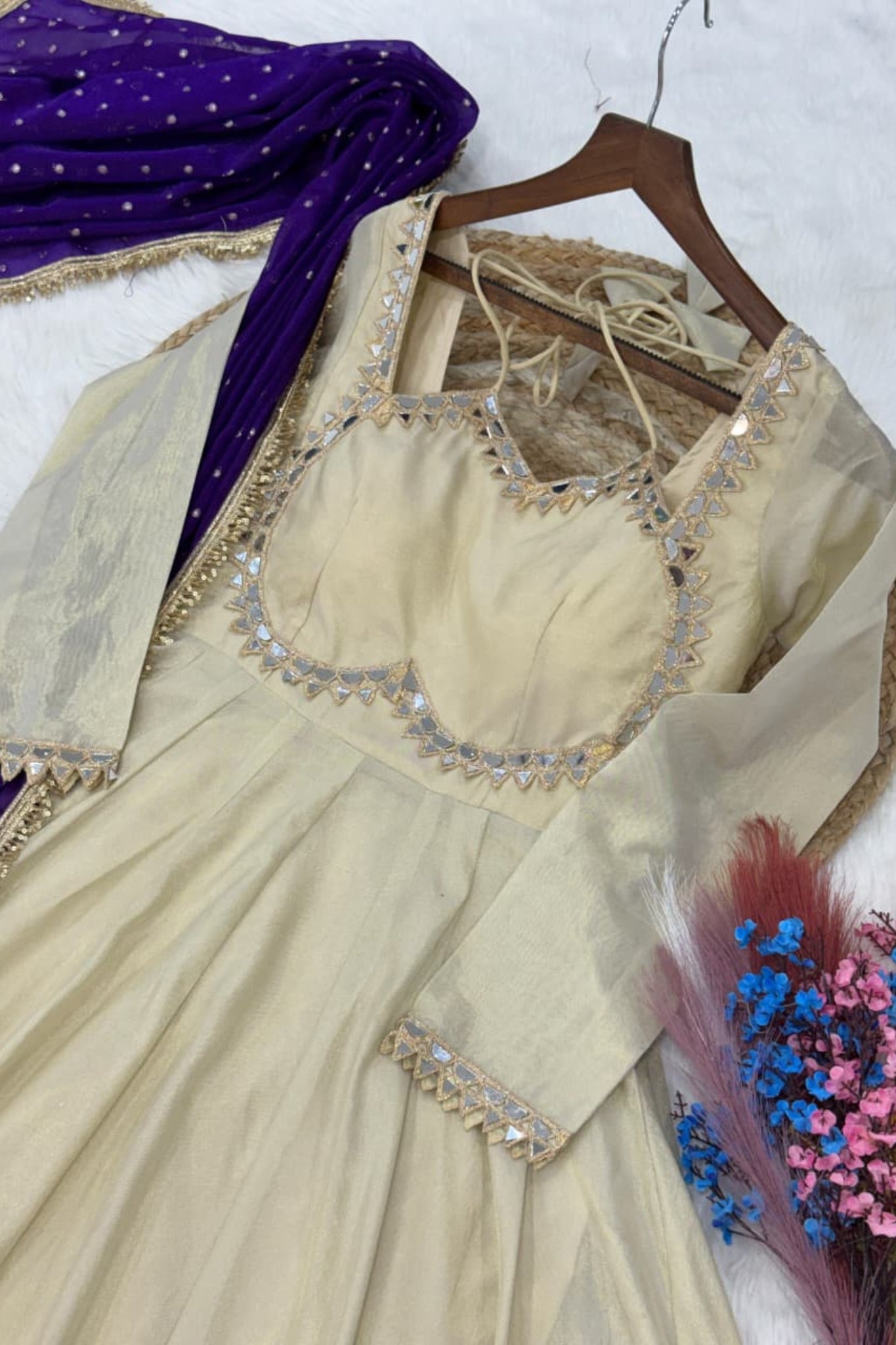 Cosmos Real Mirror Work Designer Embroidered Anarkali Gown With Dupatta