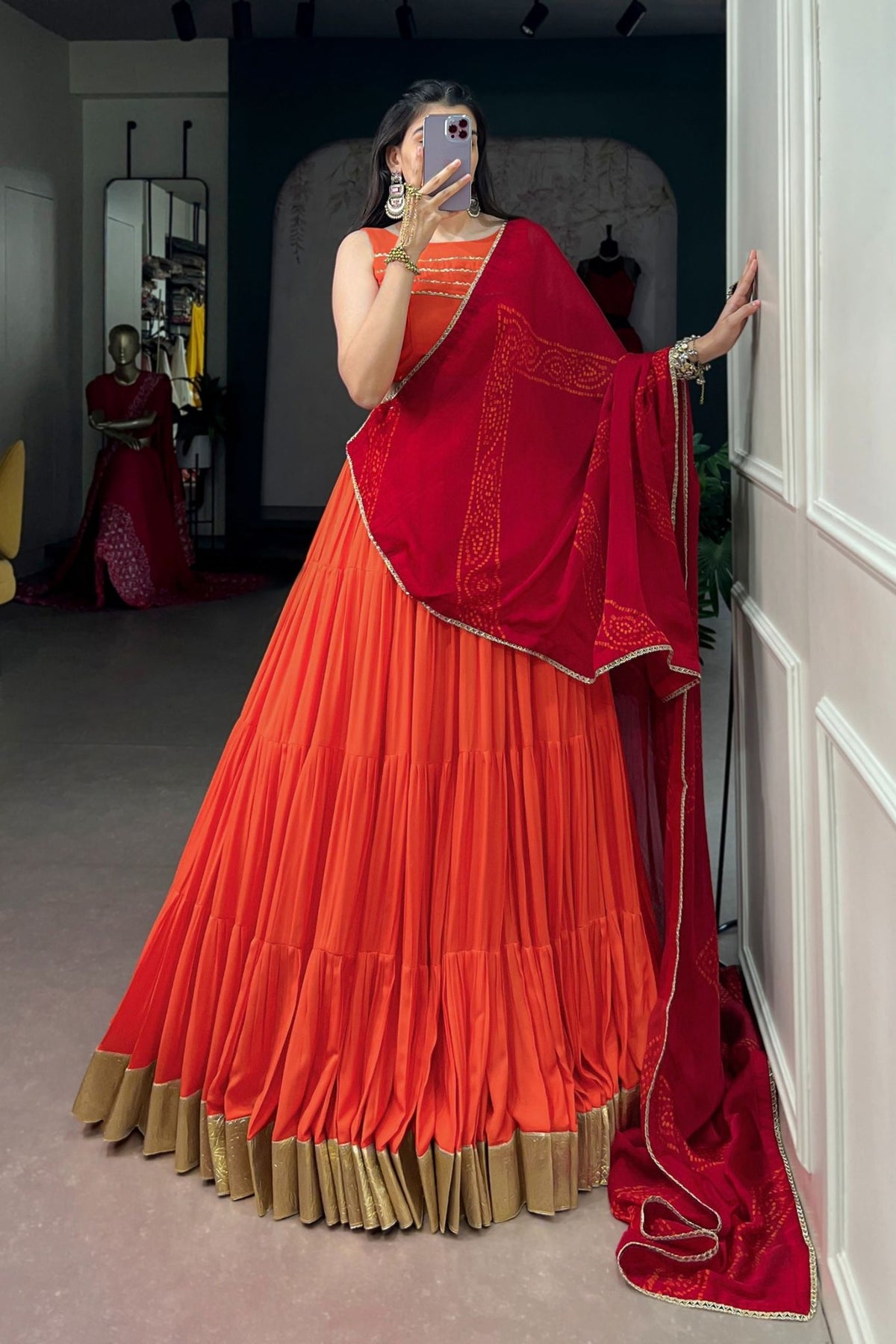 Orange Rayon Navratri Lehenga Choli With Chiffon Dupatta