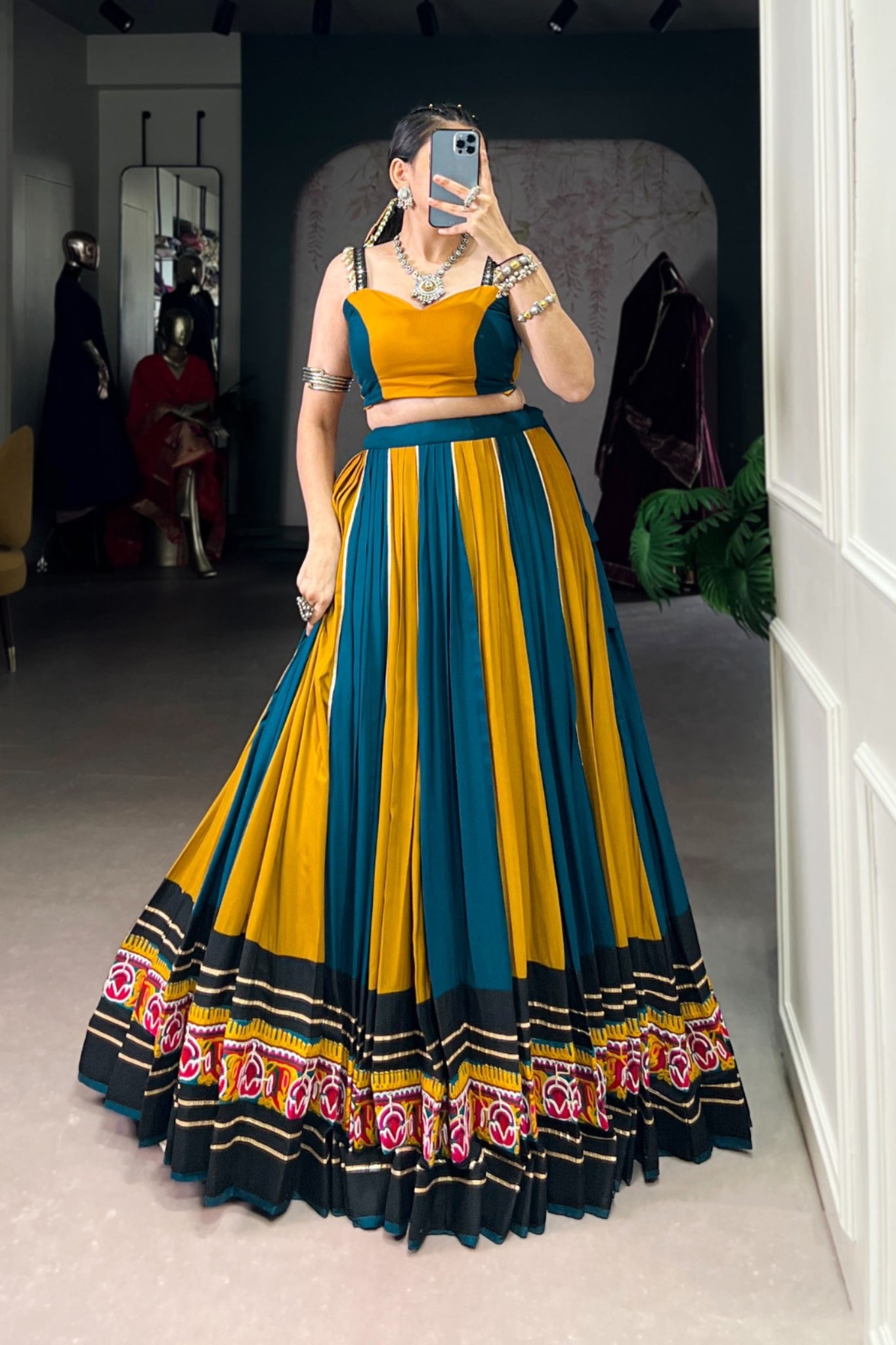 Mustard Pure Rayon Gamthi Work With Gotta Patti Lace Touch Up Navratri Lehenga Choli