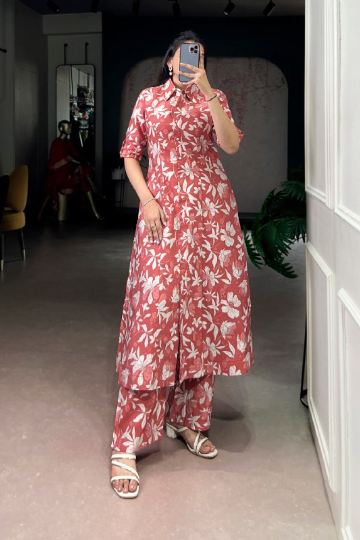 Floral Foil Print Chanderi Kurta Pant Set For Women