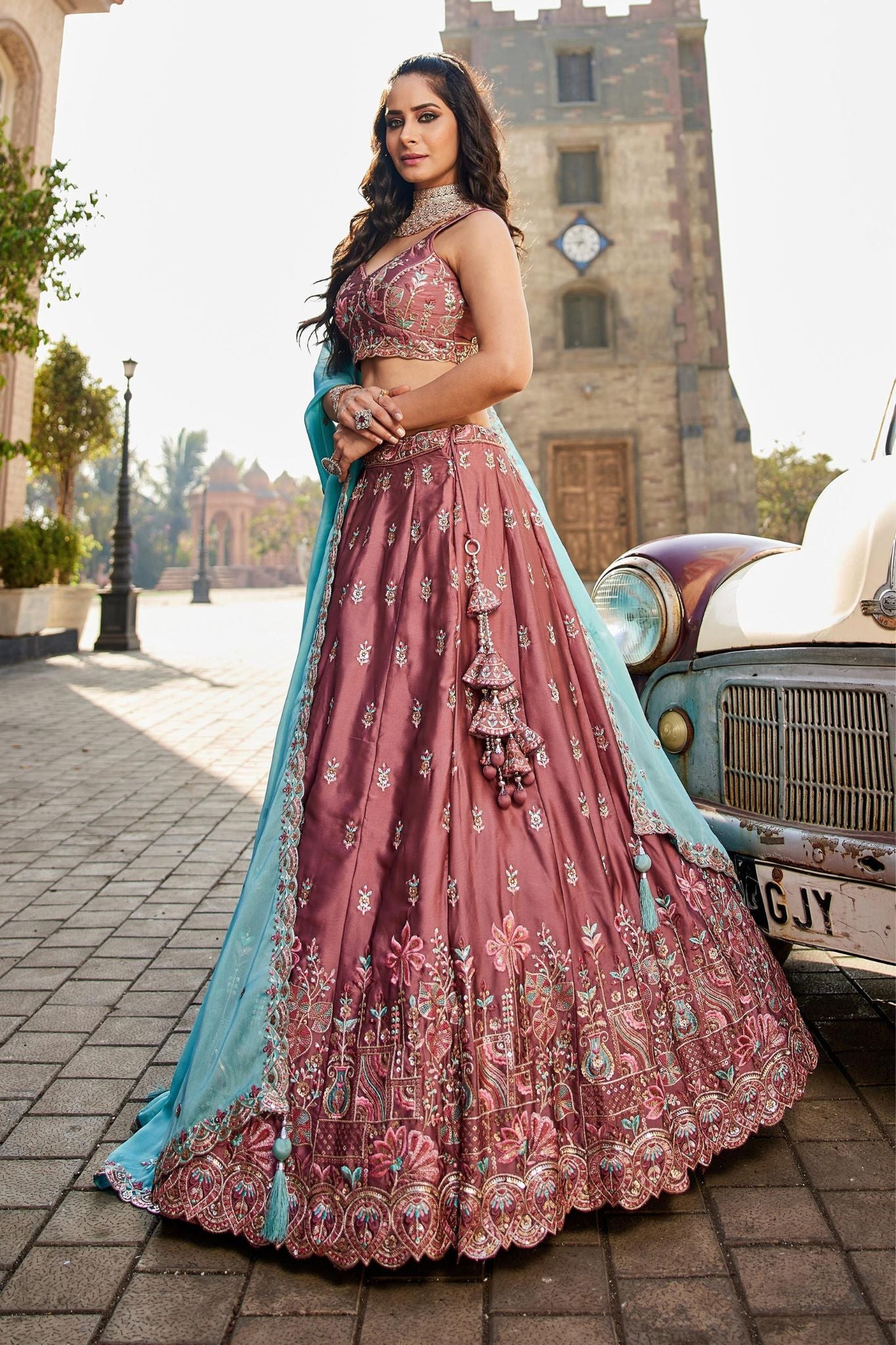 Dusty Rose Rangoli Silk Designer Lehenga Choli With Aqua Blue Embroidered Dupatta