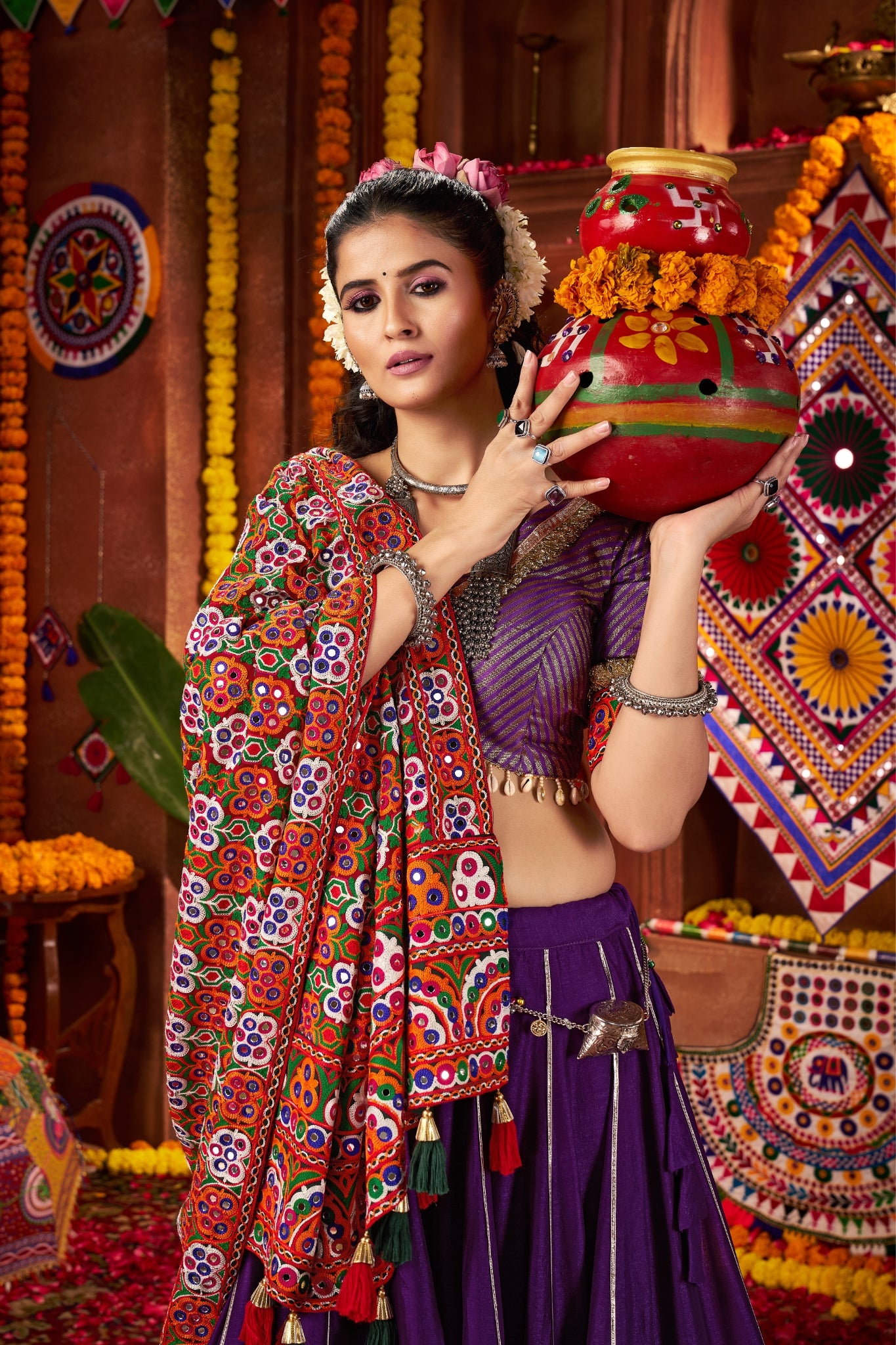 Purple Silk Tread Embroidered Designer Navratri Chaniya Choli Set