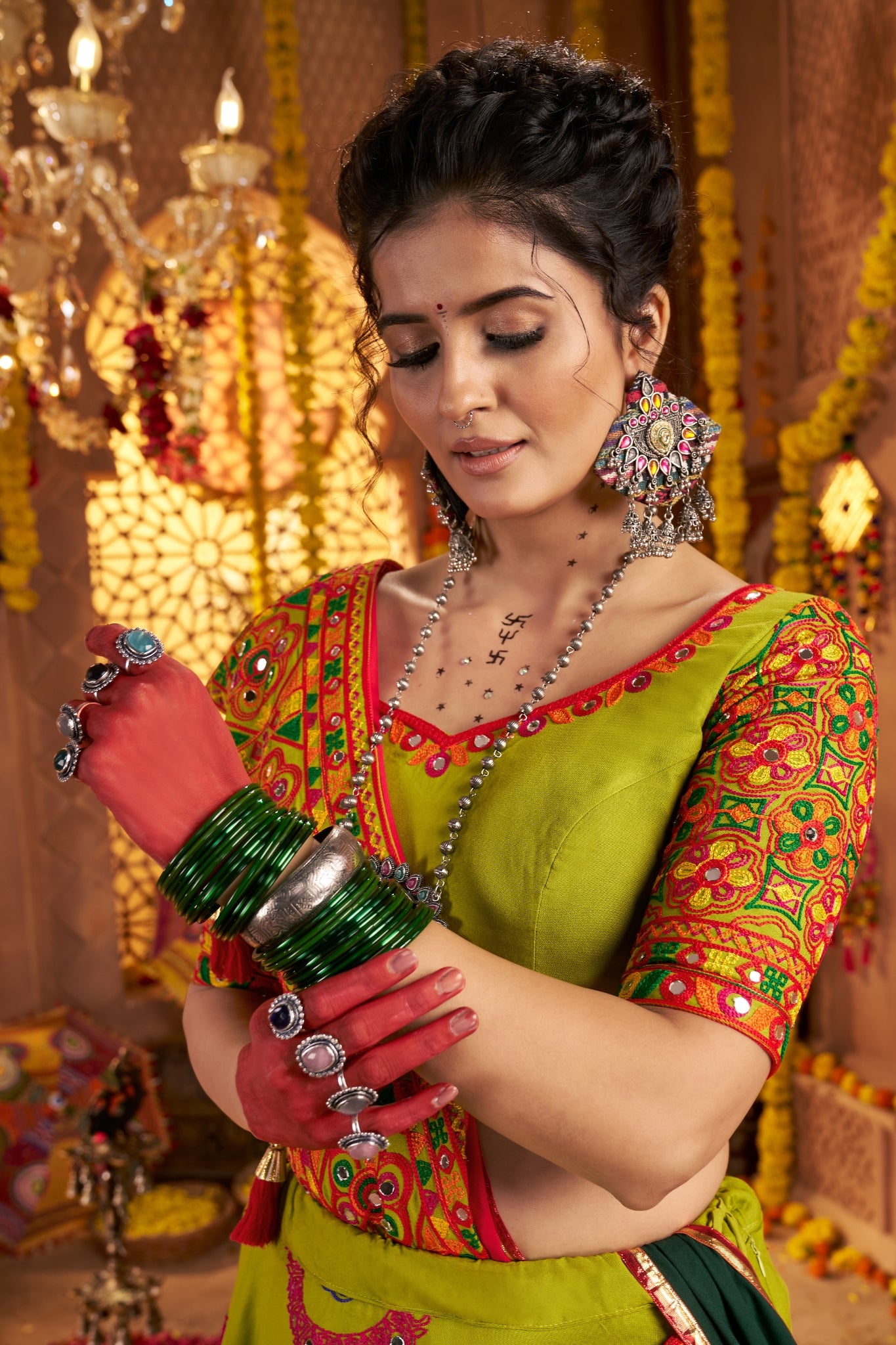 Viscose Cotton Elegant Thread Embroidered With Mirror Work Traditional Navratri Lehenga Choli
