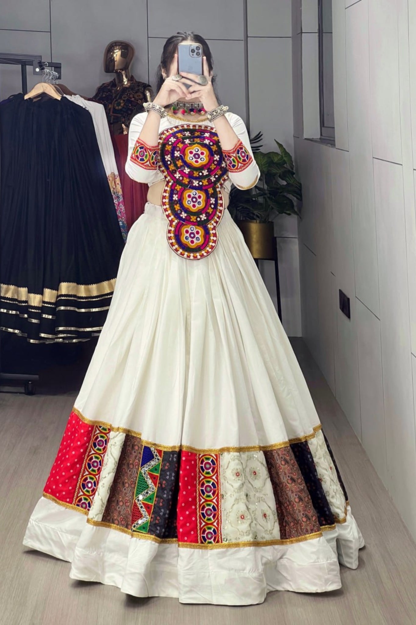 Designer White Multicolor Navratri Lehenga Choli For Women