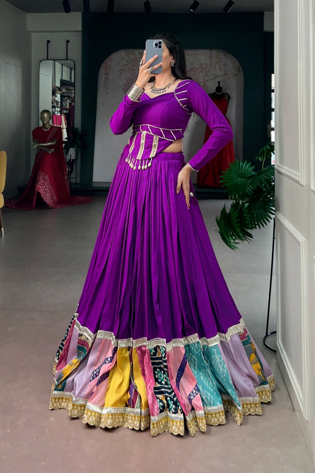 Purple Rayon Navratri Designer Multicolor Patchwork Lehenga Choli