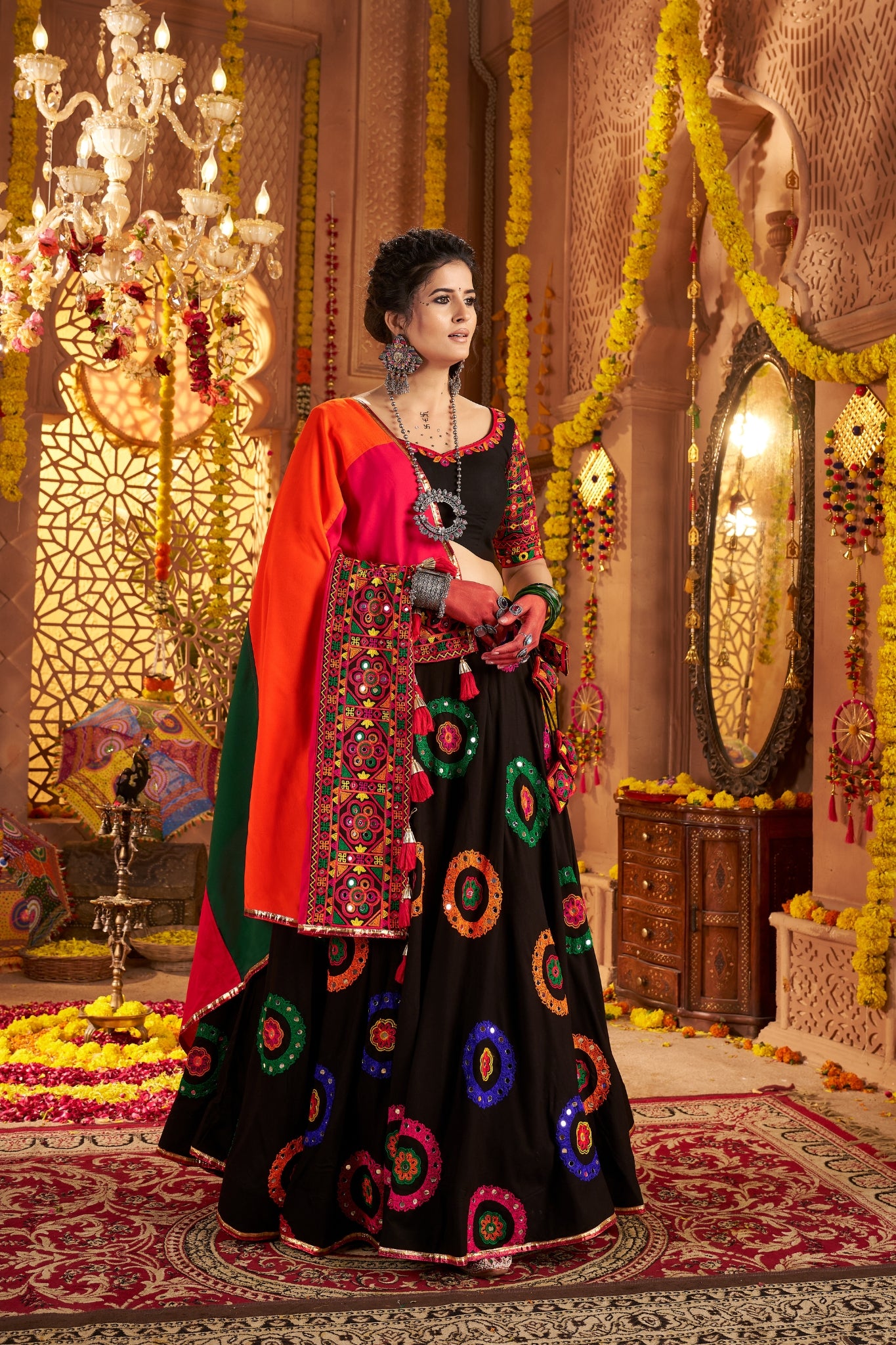 Viscose Cotton Elegant Thread Embroidered With Mirror Work Traditional Navratri Lehenga Choli