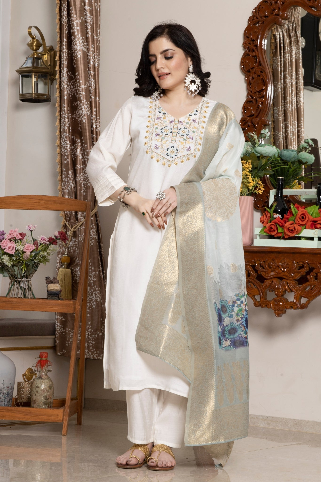 Elegant White Embroidered Viscose Kurta Set With Jacquard Printed Chanderi Dupatta