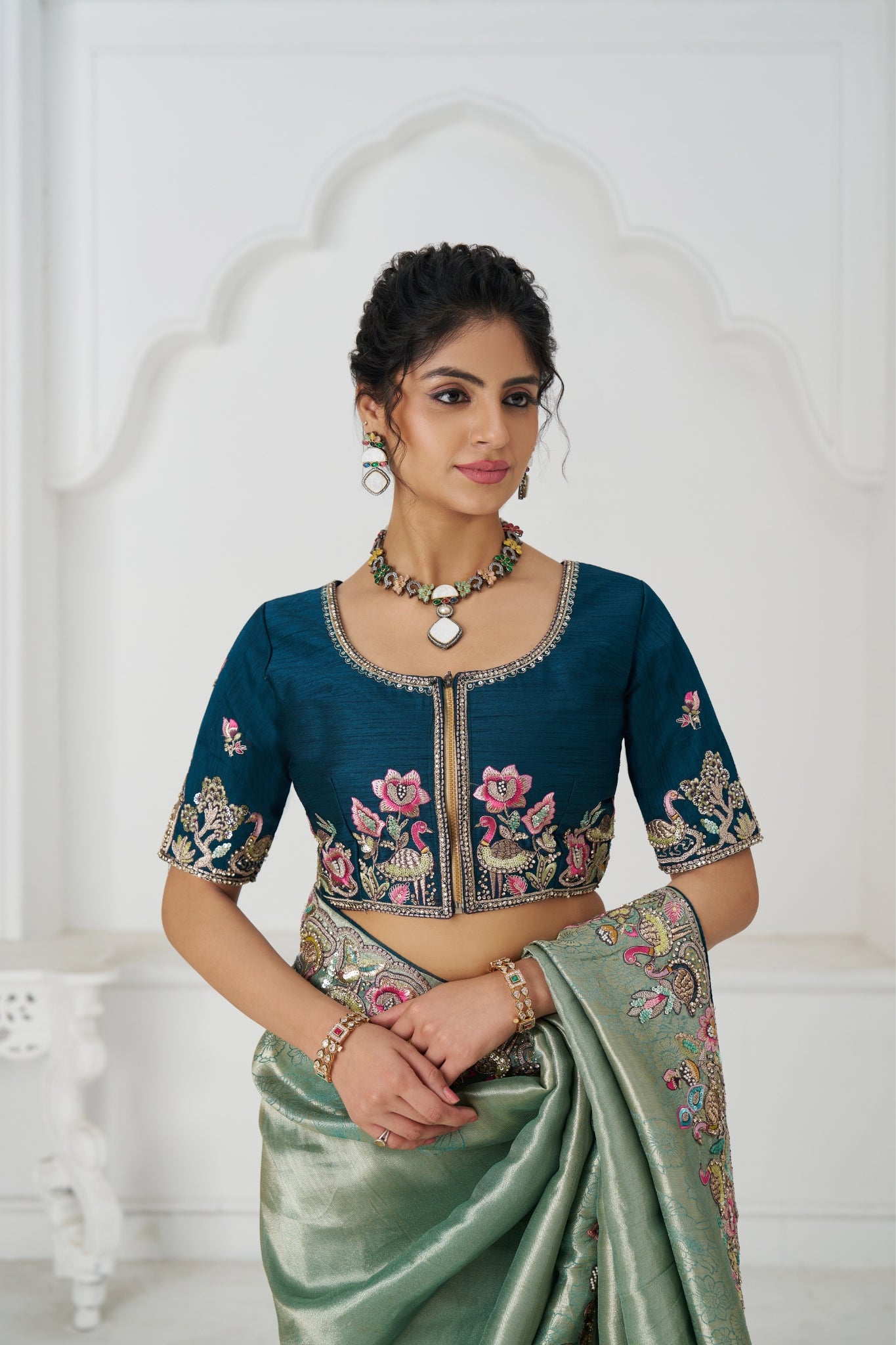 Green Luxury Wedding Saree With Multi-Thread Bead Embroidery & Sequin Work