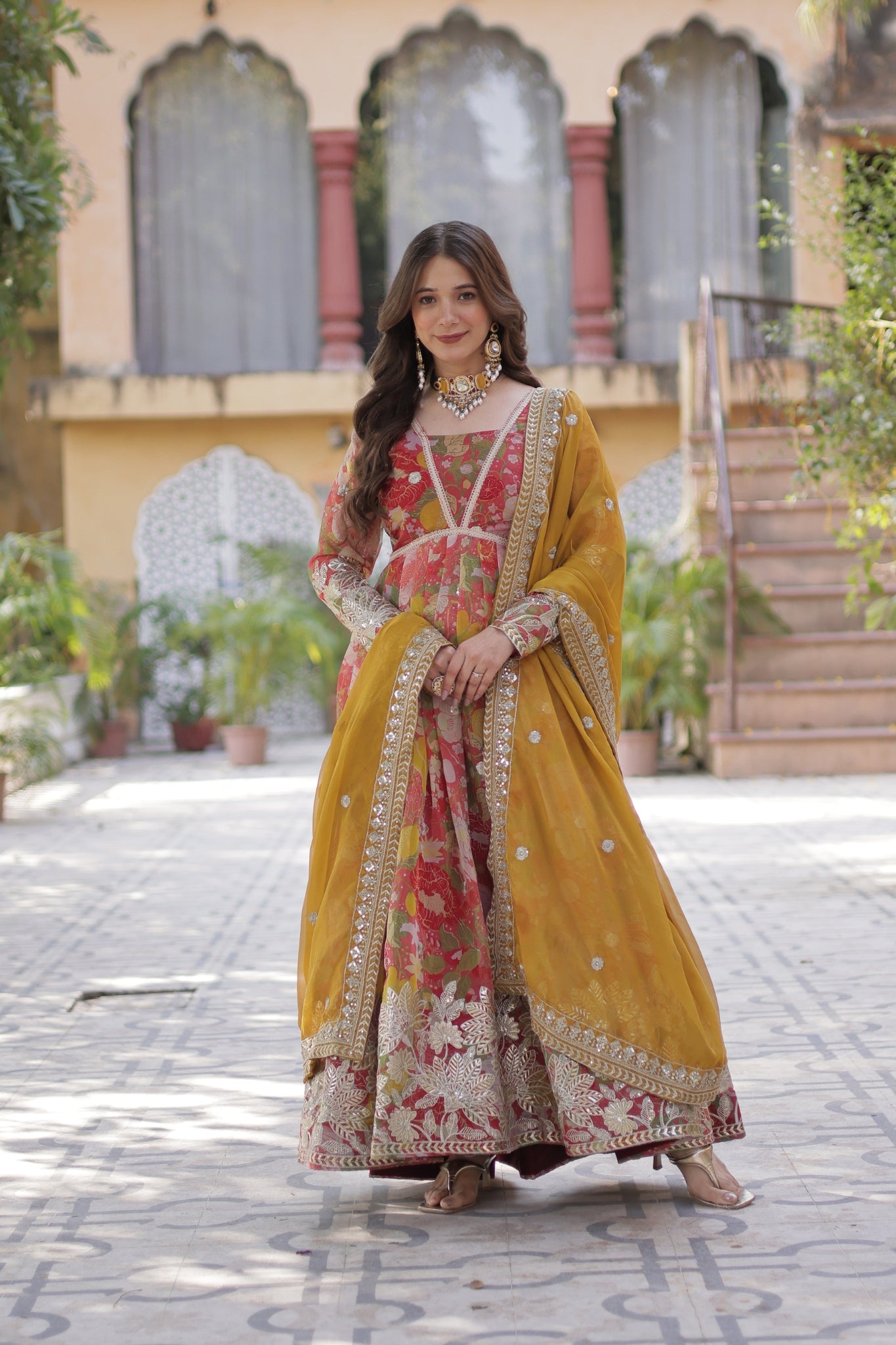 Designer Printed Gold Sequins Embroidered Work Anarkali Gown