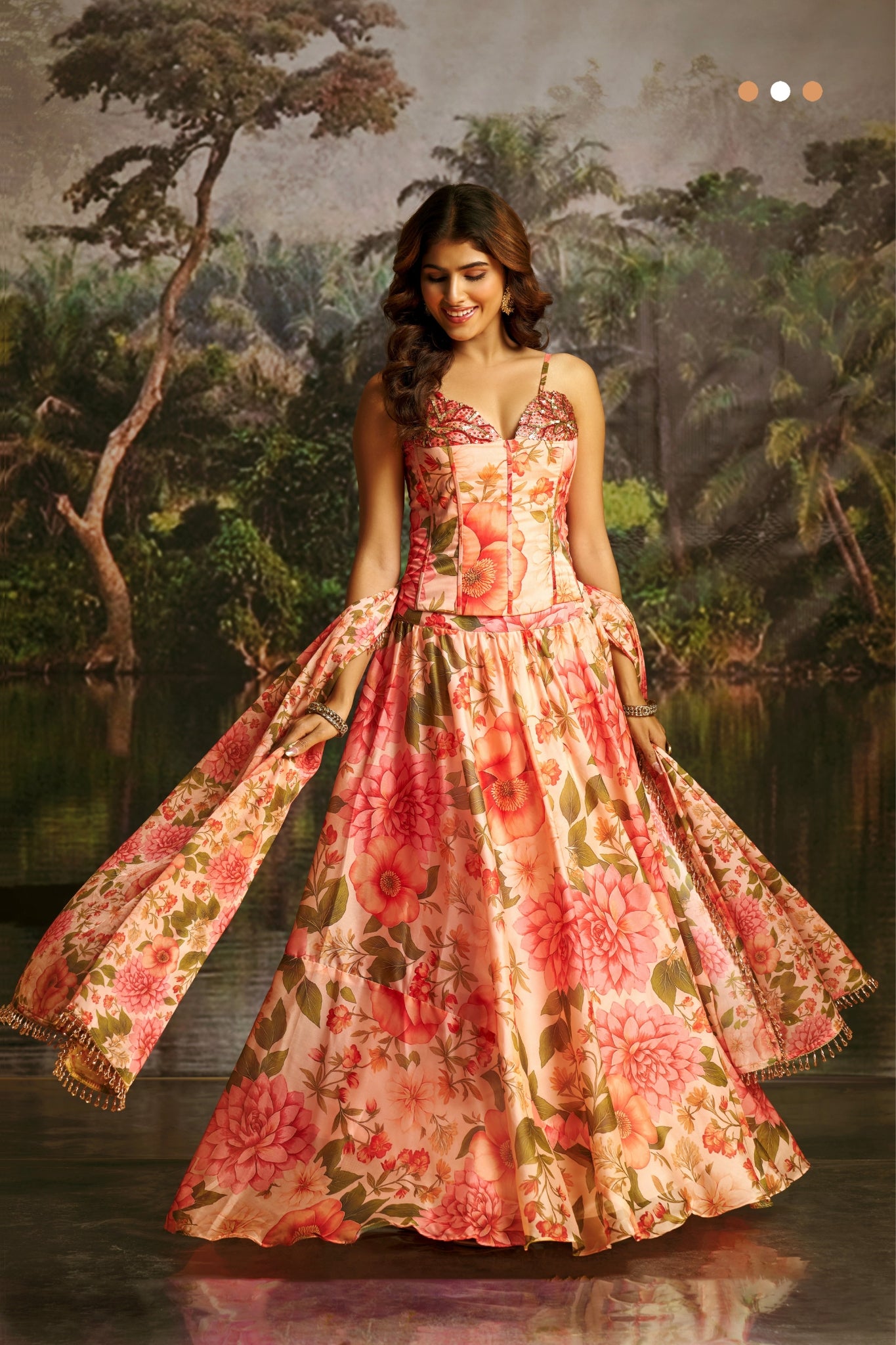 Peach Handwork Designer Corset Lehenga Set With Floral Prints