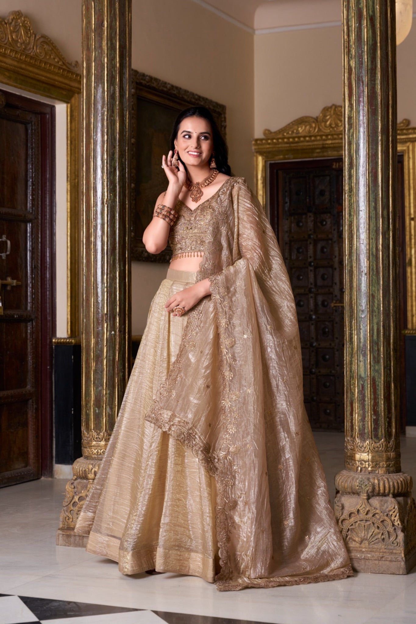 Embroidered Gold Crush Wedding Lehenga Set For Women