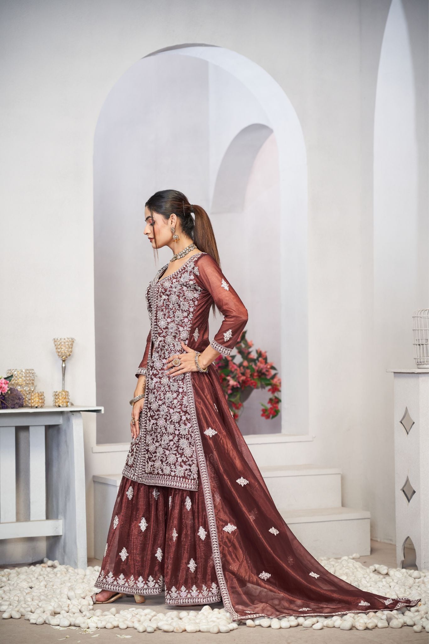 Brown Sequins Embroidered With Real Mirror Work Sharara Set Of 3