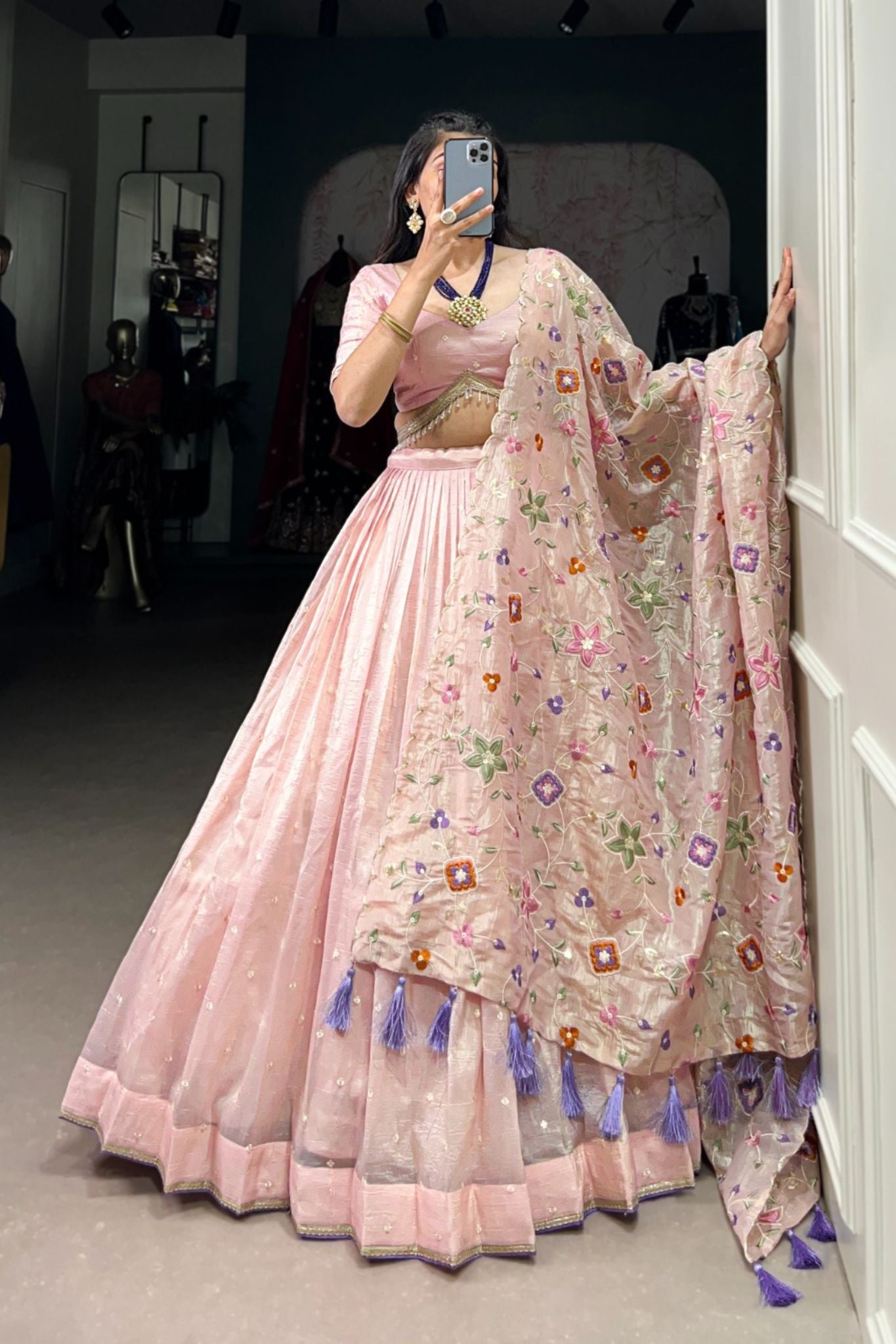 Light Pink Thread Embroidered Gold Crush Lehenga Set For Wedding