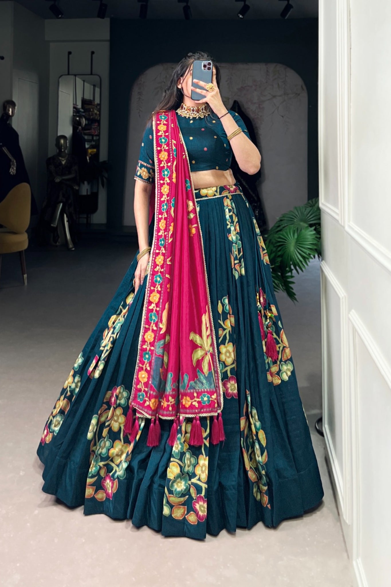 Tussar Silk Lehenga With Foil Work & Gotta Patti Dupatta