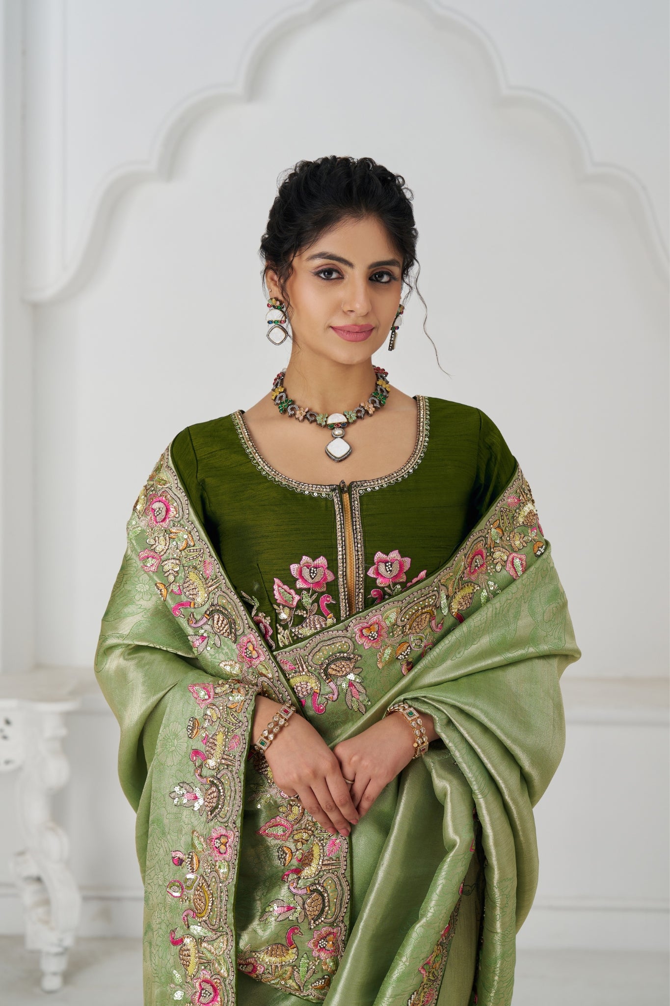 Mehndi Luxury Wedding Saree With Multi-Thread Bead Embroidery & Sequin Work