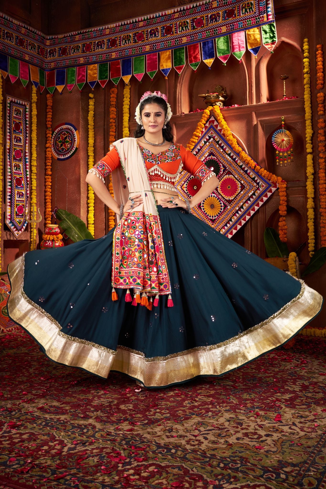 Teal Blue Designer Festive Lehenga Choli In Viscose Cotton And Perfect For Dandiya Nights