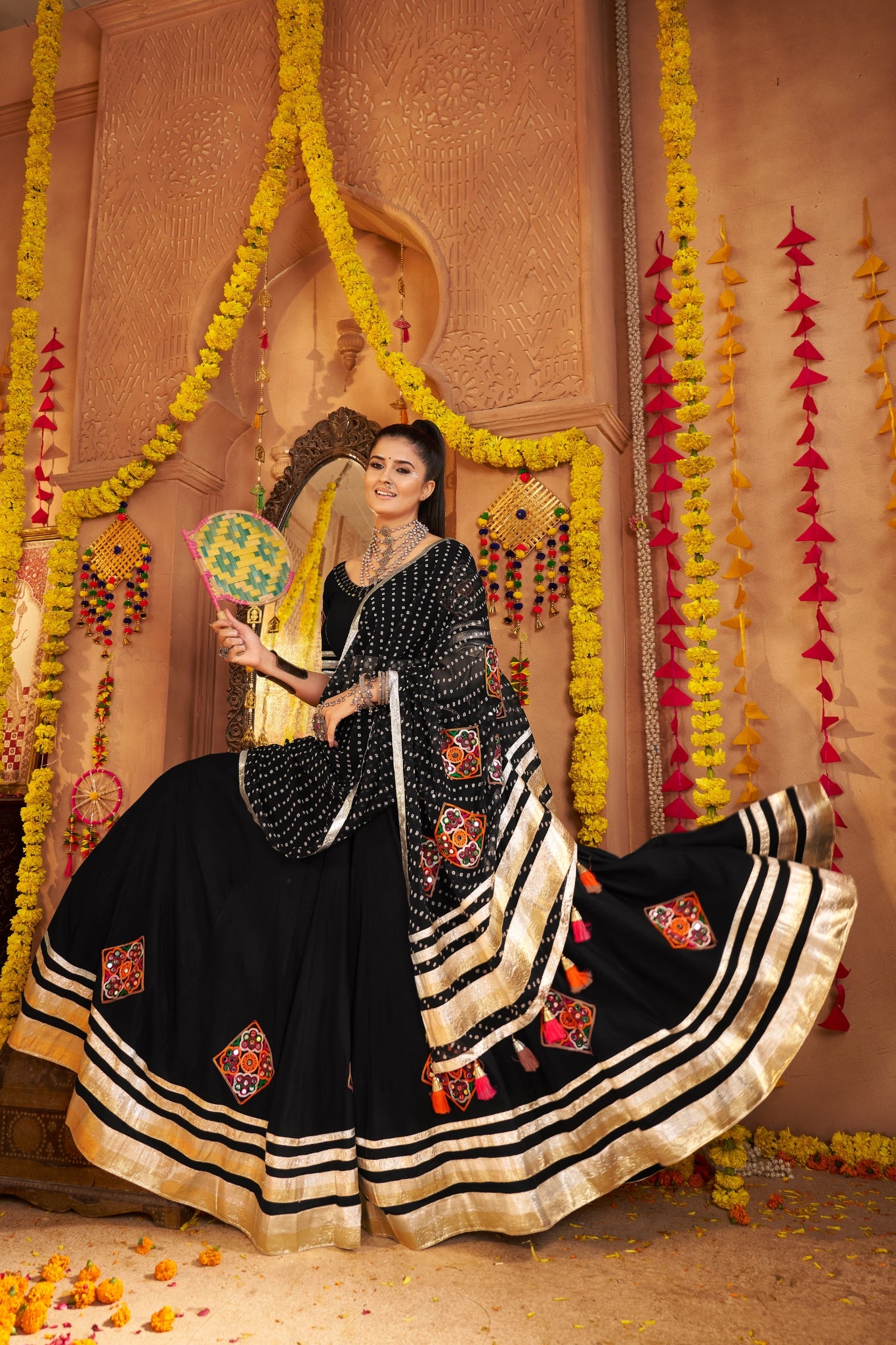 Navratri crafted Designer Viscose Rayon Tread Embroidered With Mirror Work Black Readymade Lehenga Choli