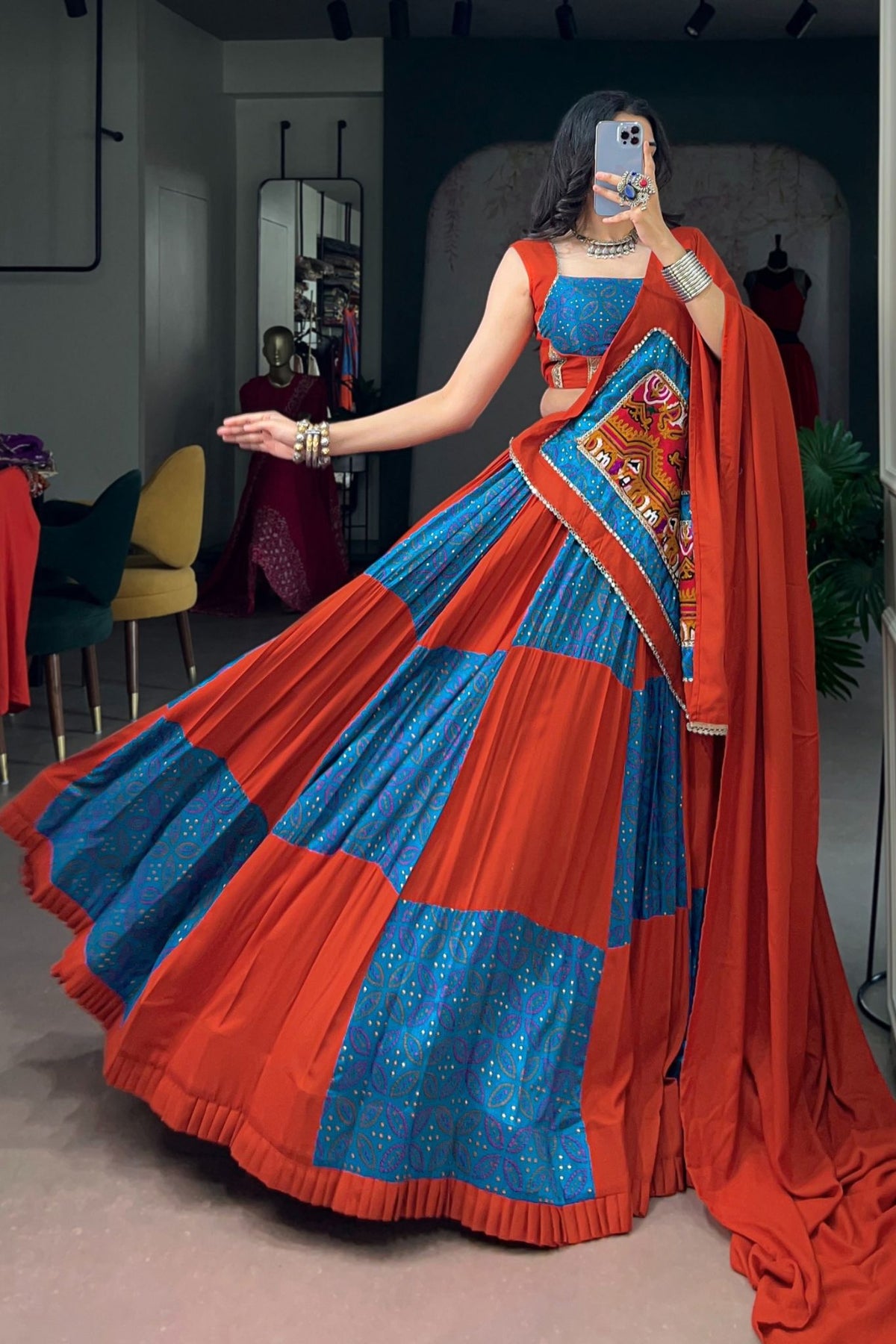 Tasar Silk Navratri Lehenga Choli With Gamthi & Mirror Work