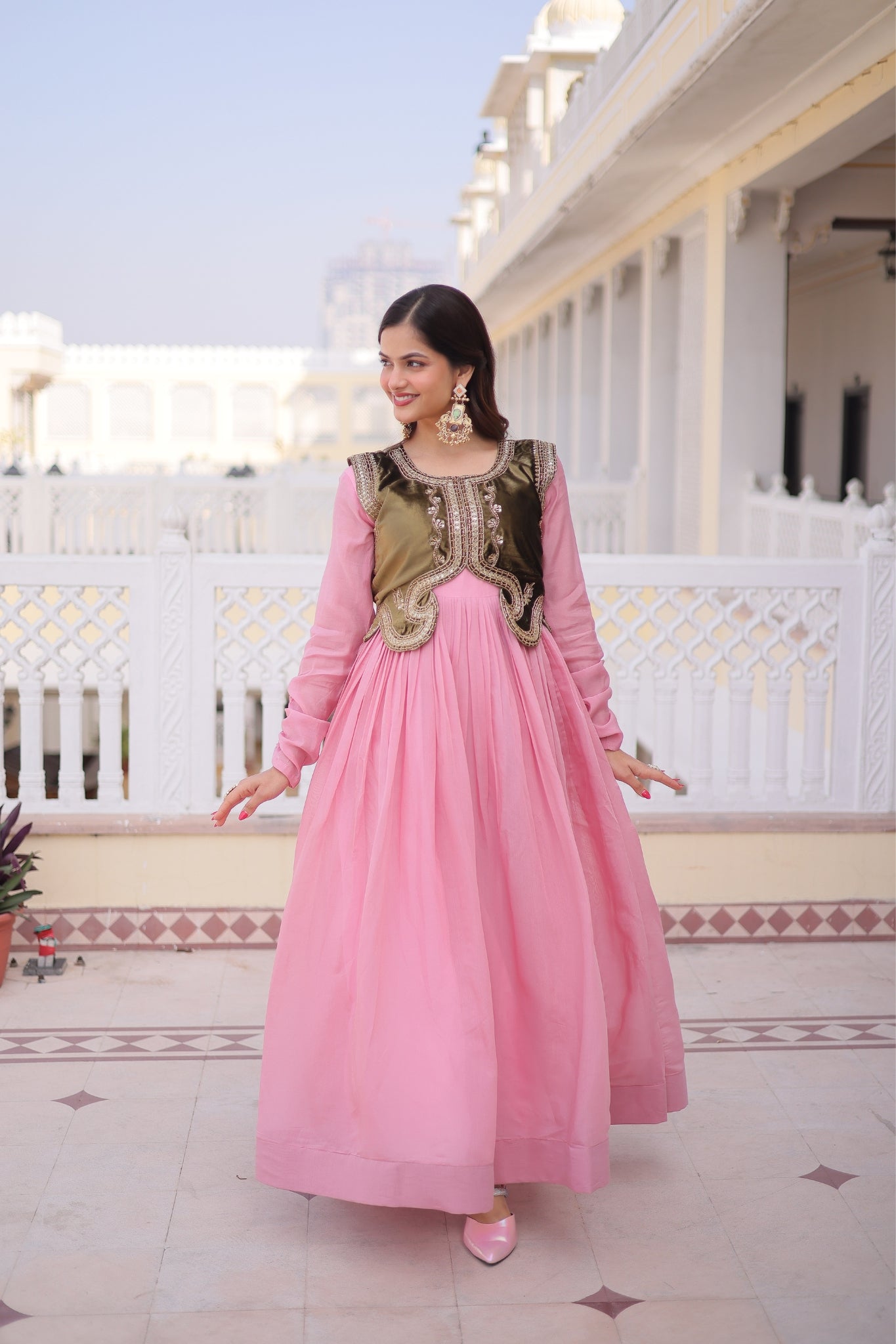 Mal Chanderi Anarkali Gown With Velvet Koti For Women