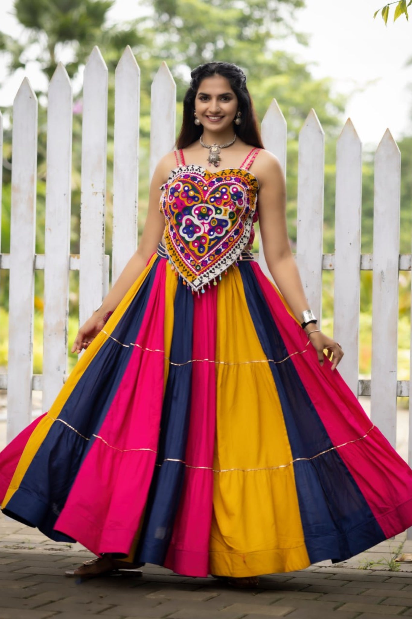 New Multicolor Frilled Pattern Real Mirror Work Navratri Chaniya Choli For Women