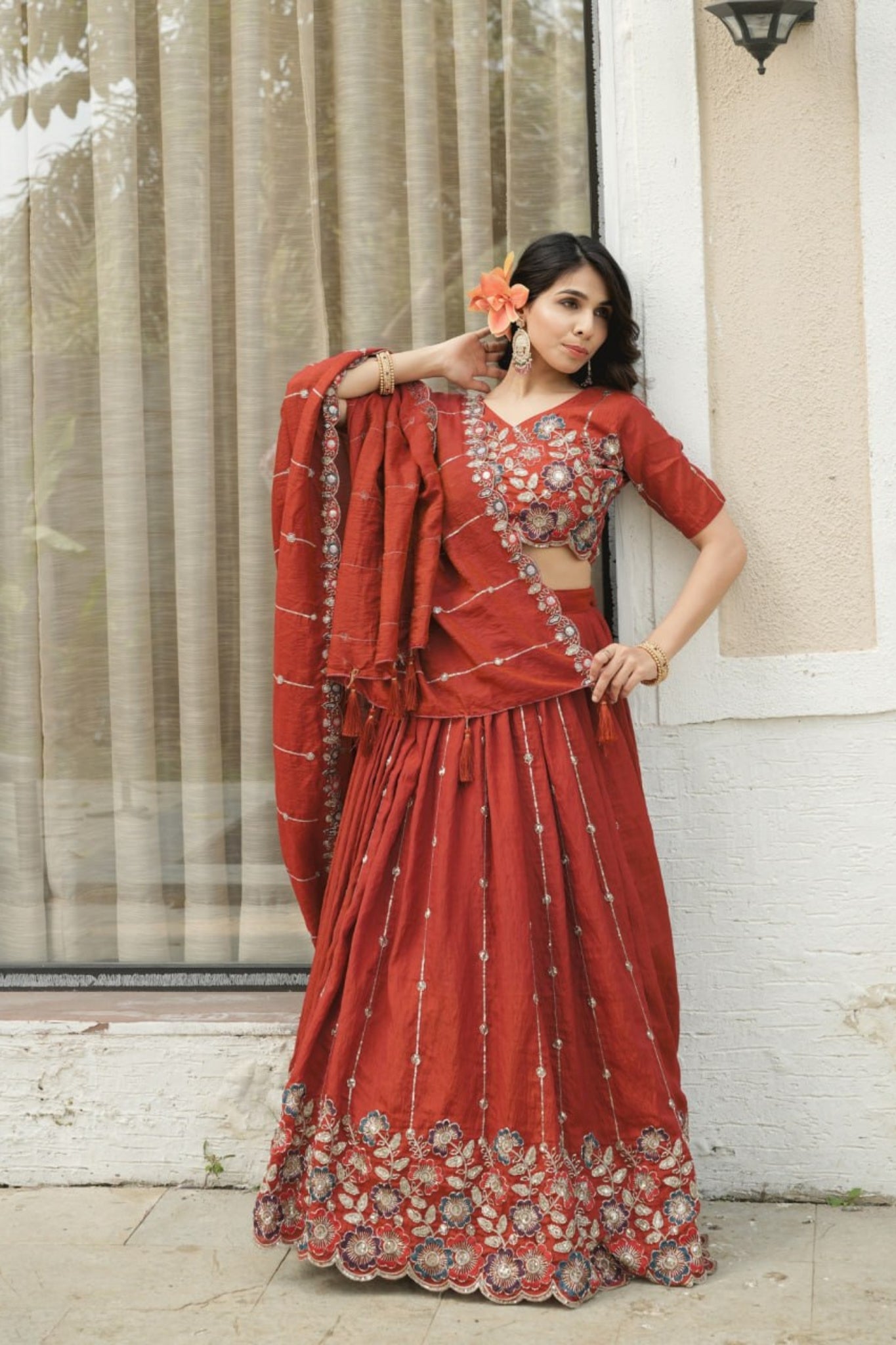 Luxury Rust Fenta Silk Lehenga Choli With Heavy Floral Embroidery And Designer Dupatta For Wedding Wear
