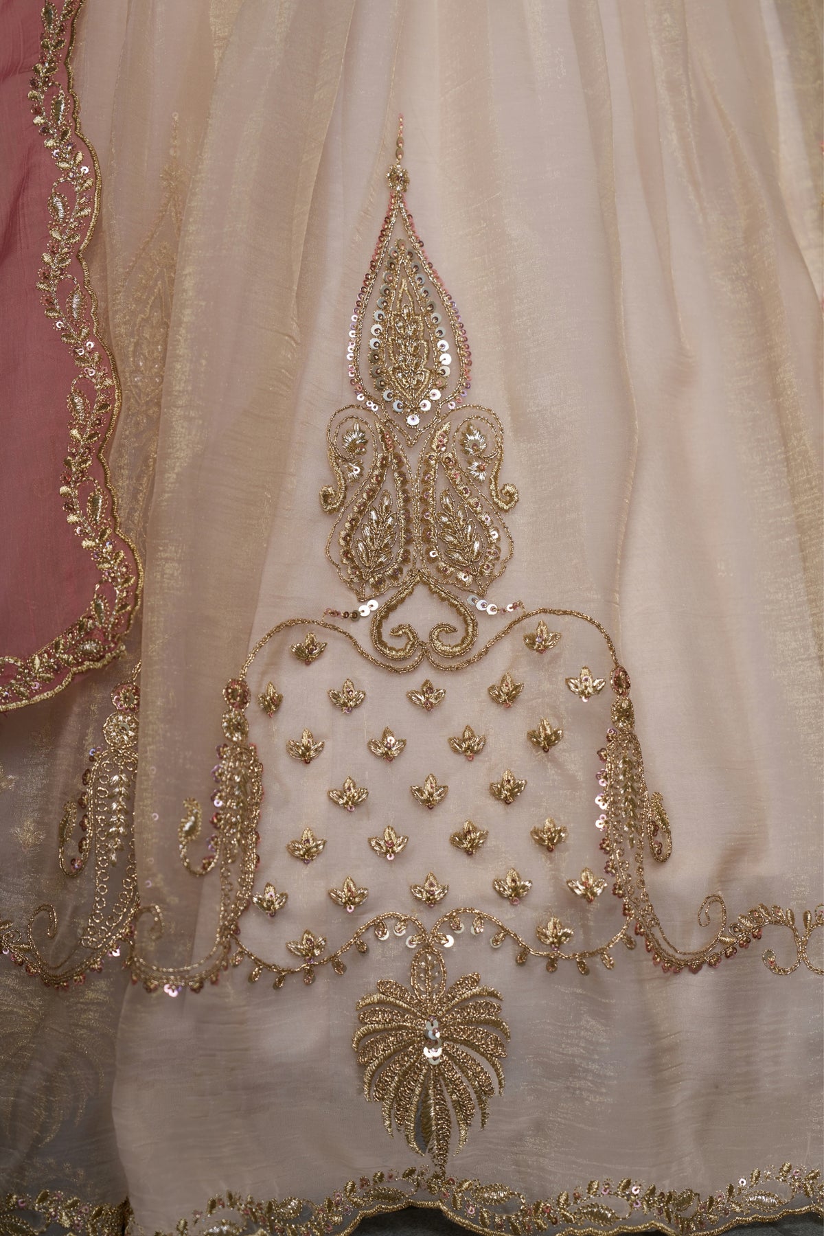 Pure Organza Embroidered Designer Cream Peach Ivory Bridal & Festive Lehenga Choli With Pink Dupatta