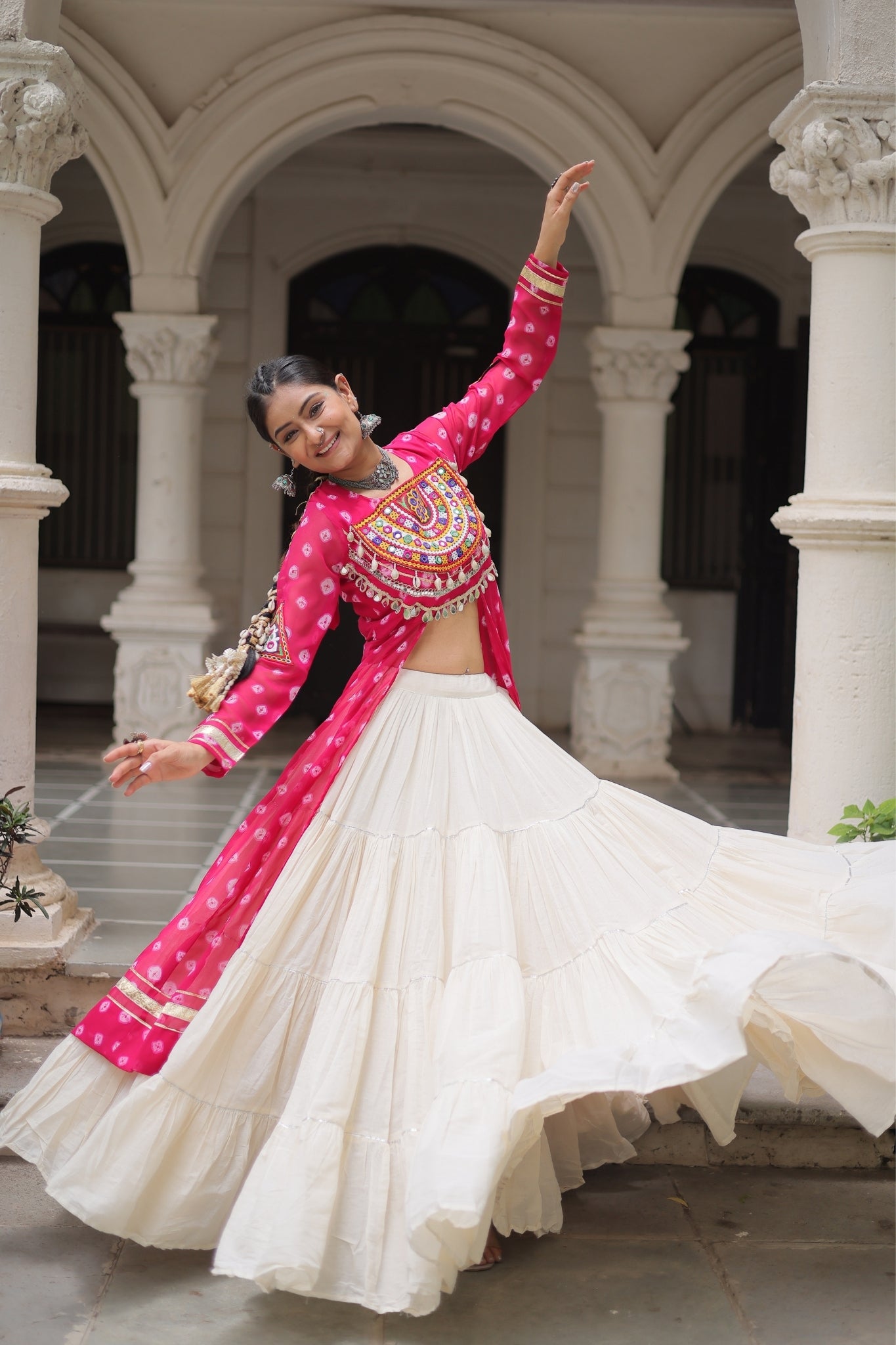 Kora Cotton Stylish Frill Stitching Beautiful Navratri Lehenga With Bandhani Printed Kurti