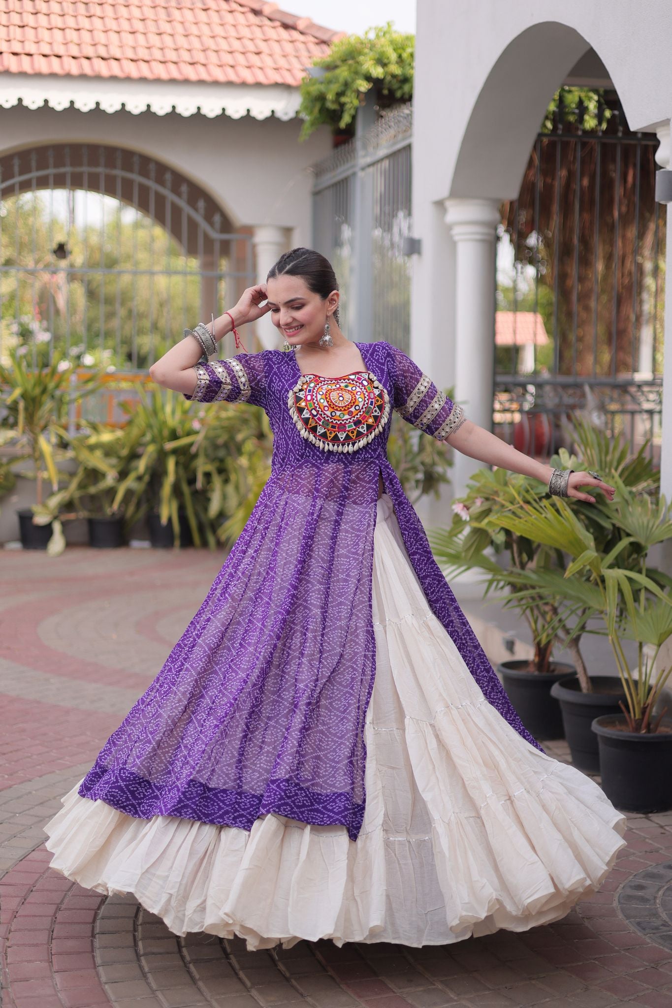 Raasrang Navratri Designer Kora Cotton Lehenga With Kutchi Patchwork Bandhani Print Kurti For Garba & Dandiya