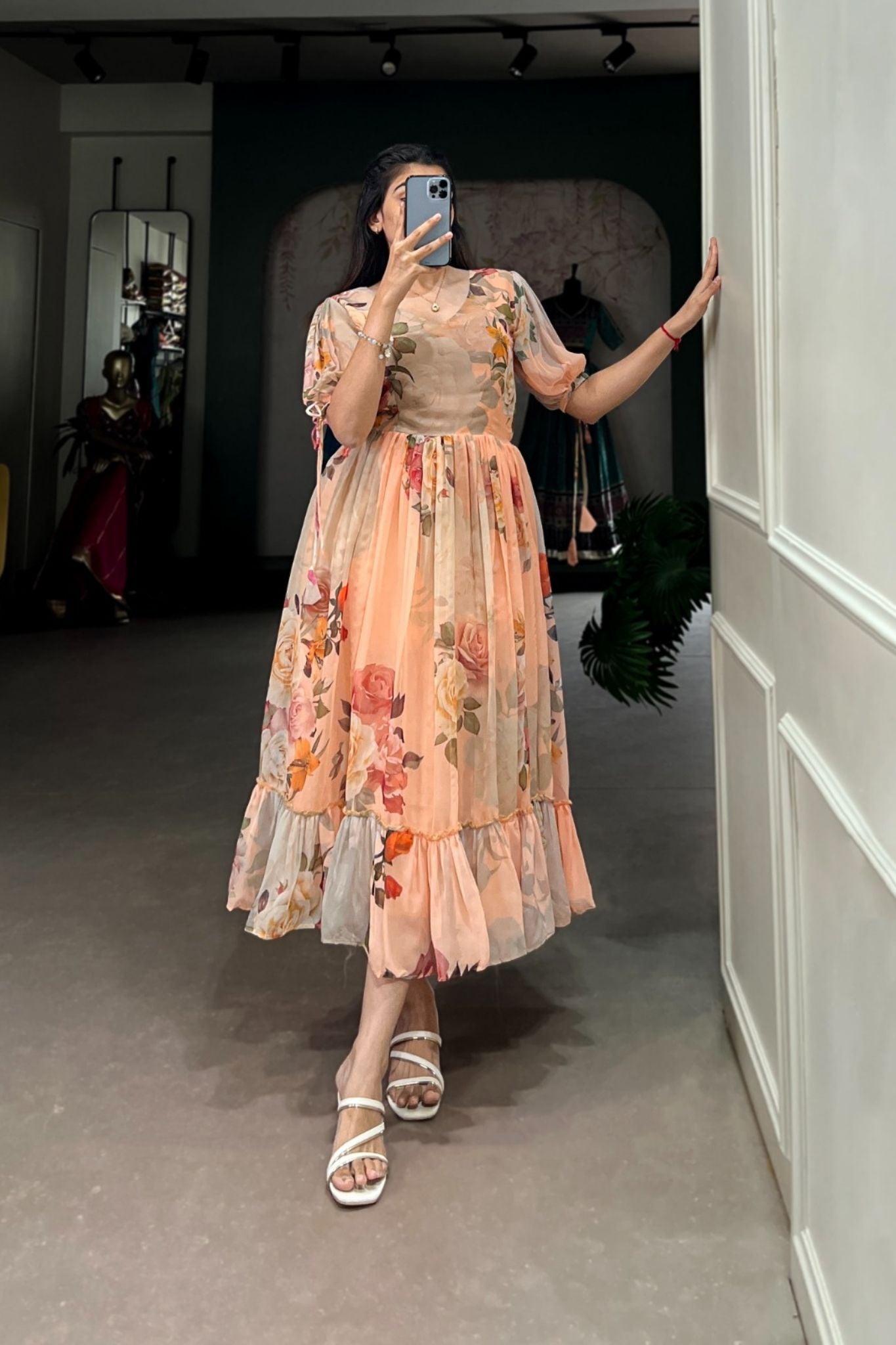 Peach Floral Printed Georgette Dress
