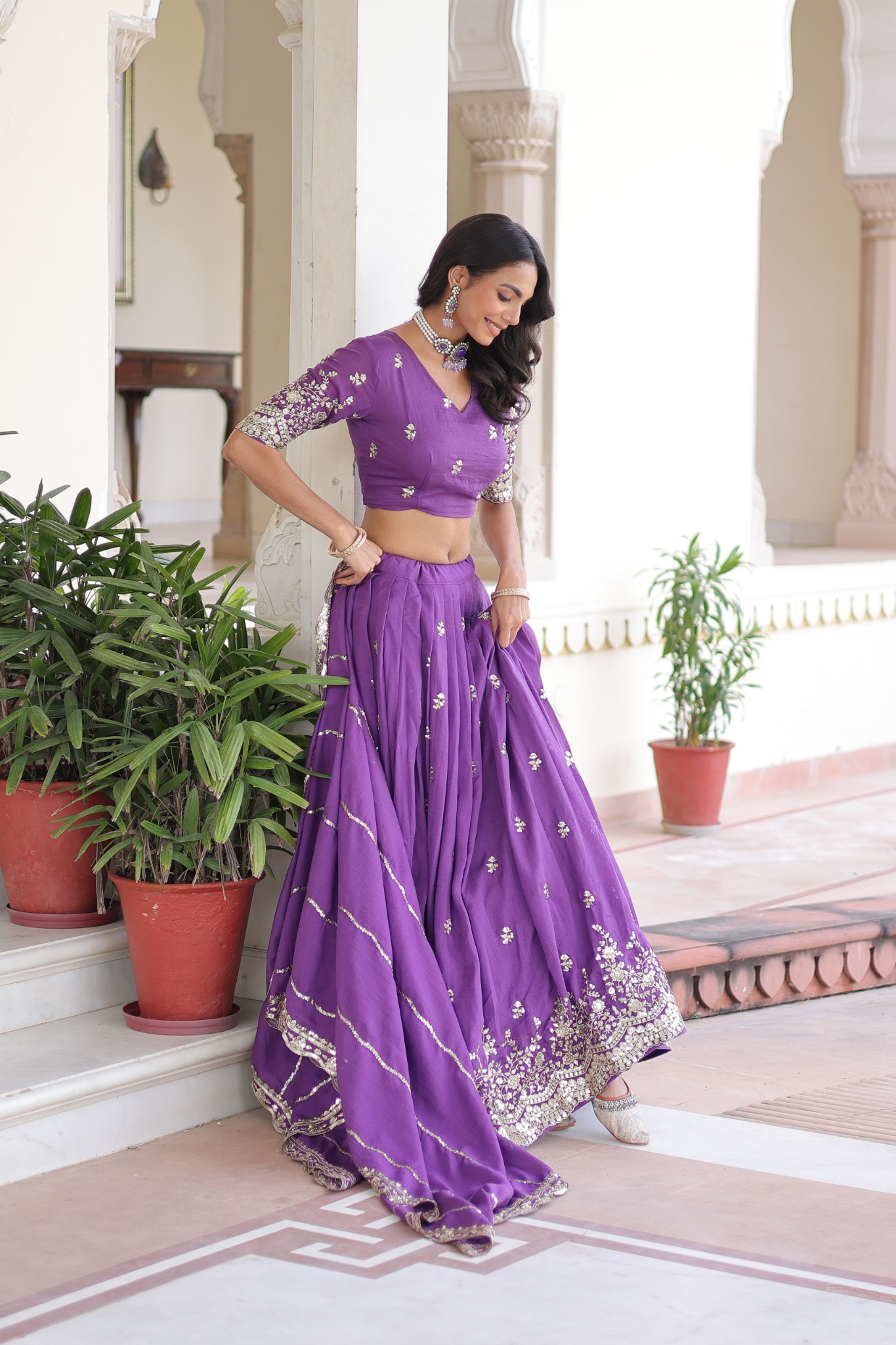 Designer Vichitra Silk Embroidered Lehenga With Blouse Dupatta