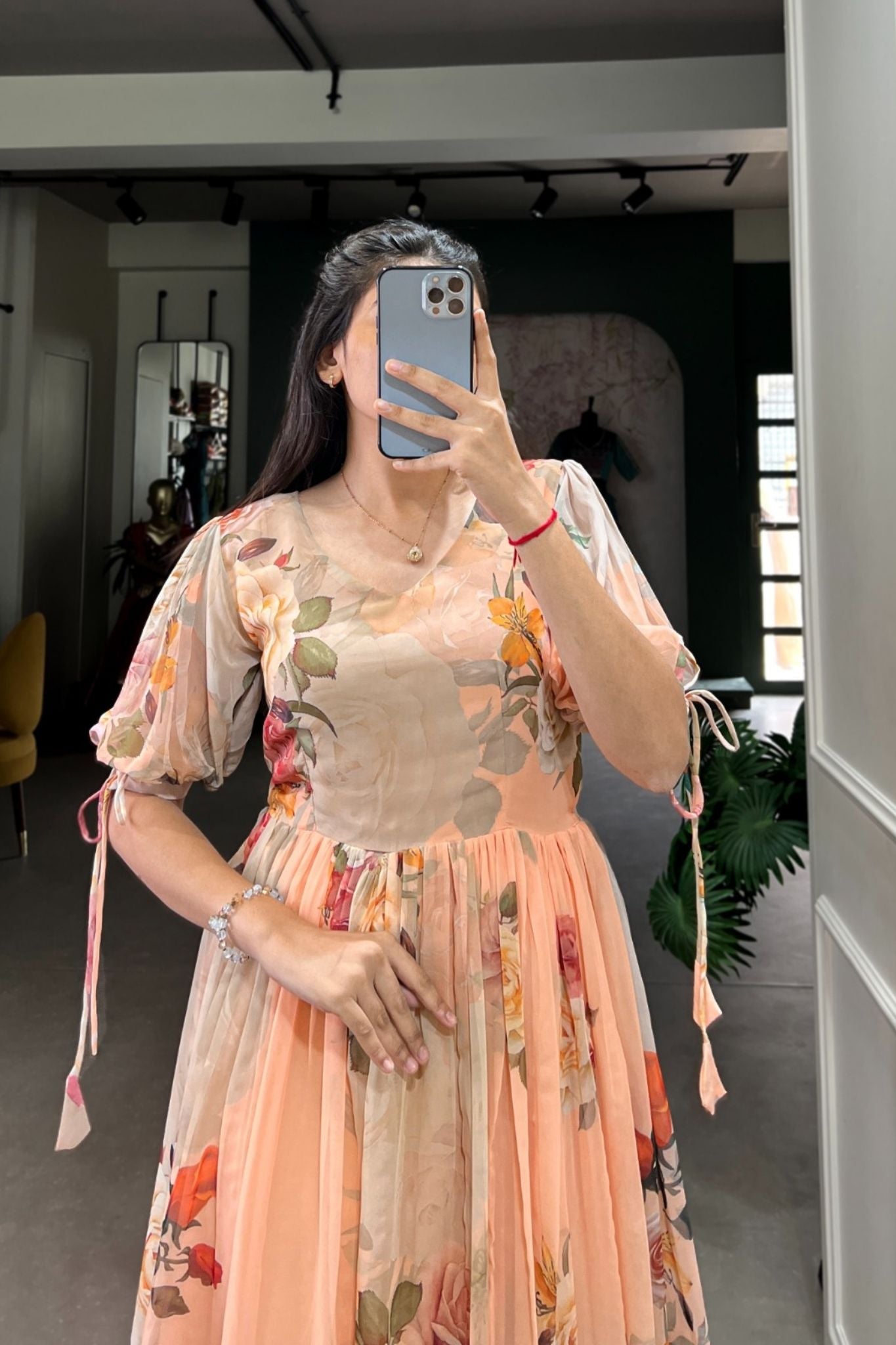 Peach Floral Printed Georgette Dress