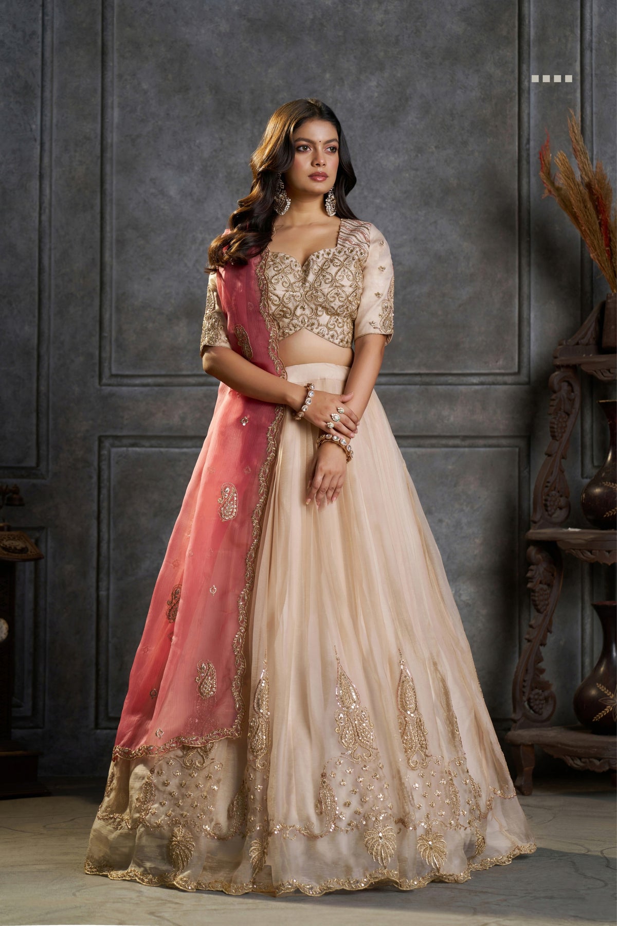 Pure Organza Embroidered Designer Cream Peach Ivory Bridal & Festive Lehenga Choli With Pink Dupatta
