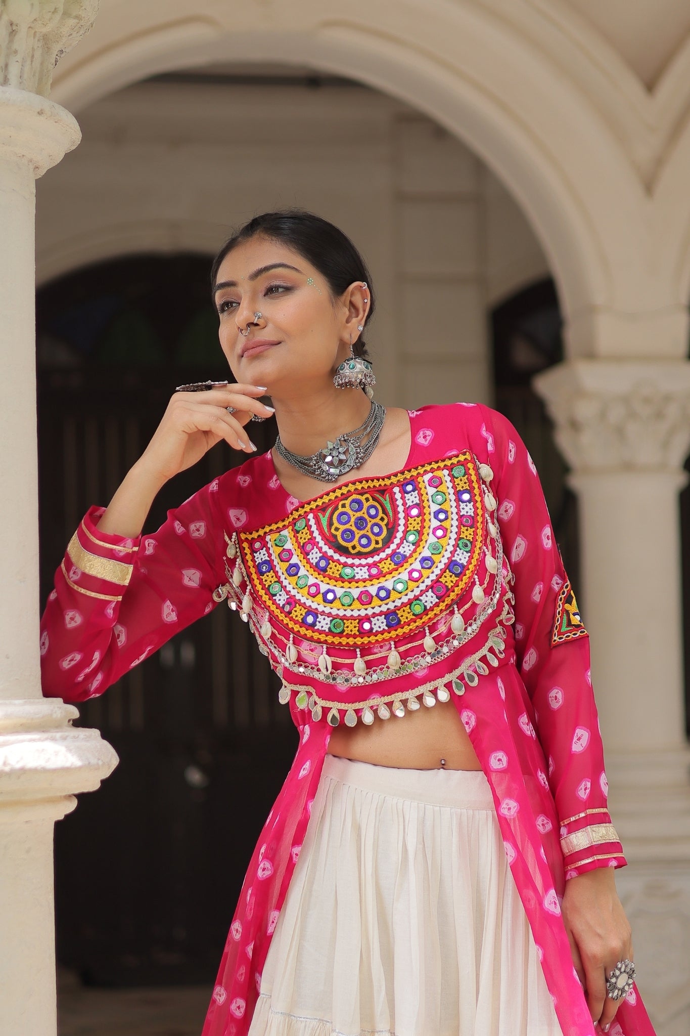 Kora Cotton Stylish Frill Stitching Beautiful Navratri Lehenga With Bandhani Printed Kurti