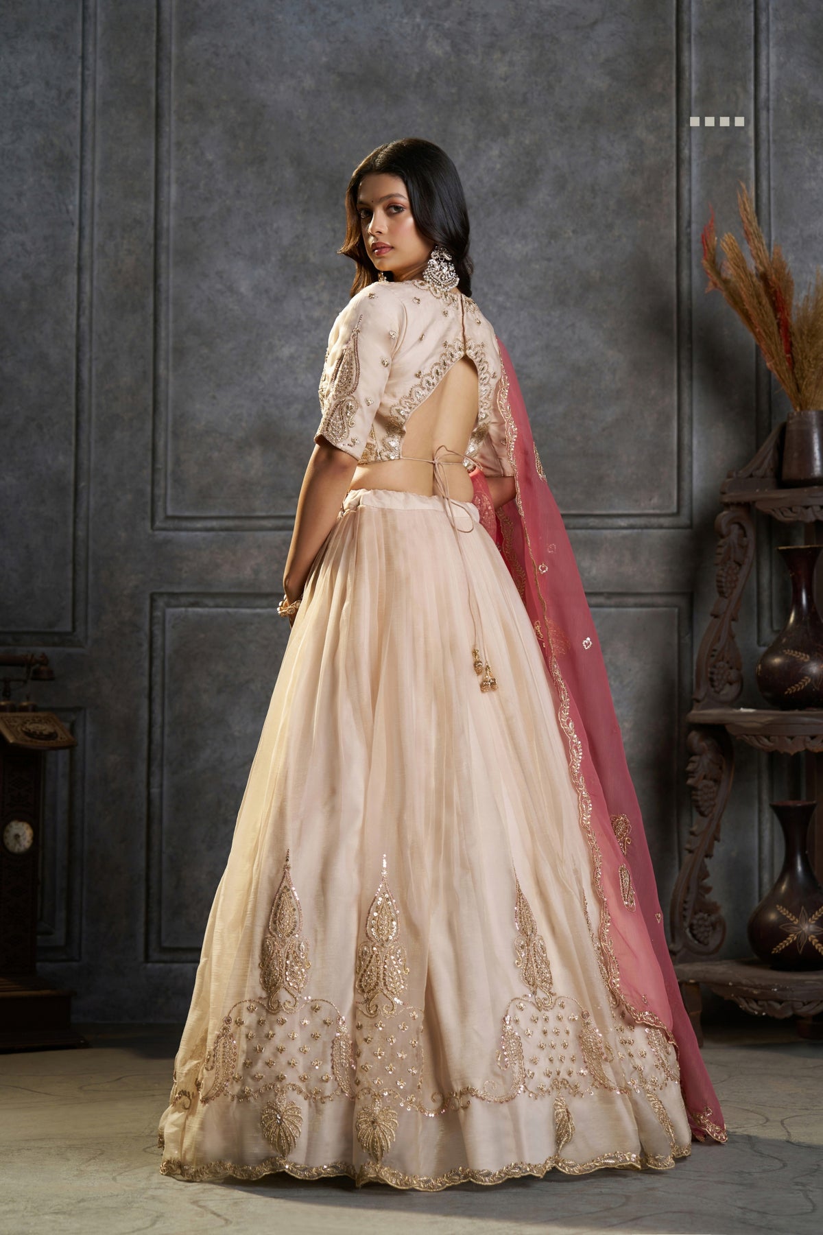 Pure Organza Embroidered Designer Cream Peach Ivory Bridal & Festive Lehenga Choli With Pink Dupatta