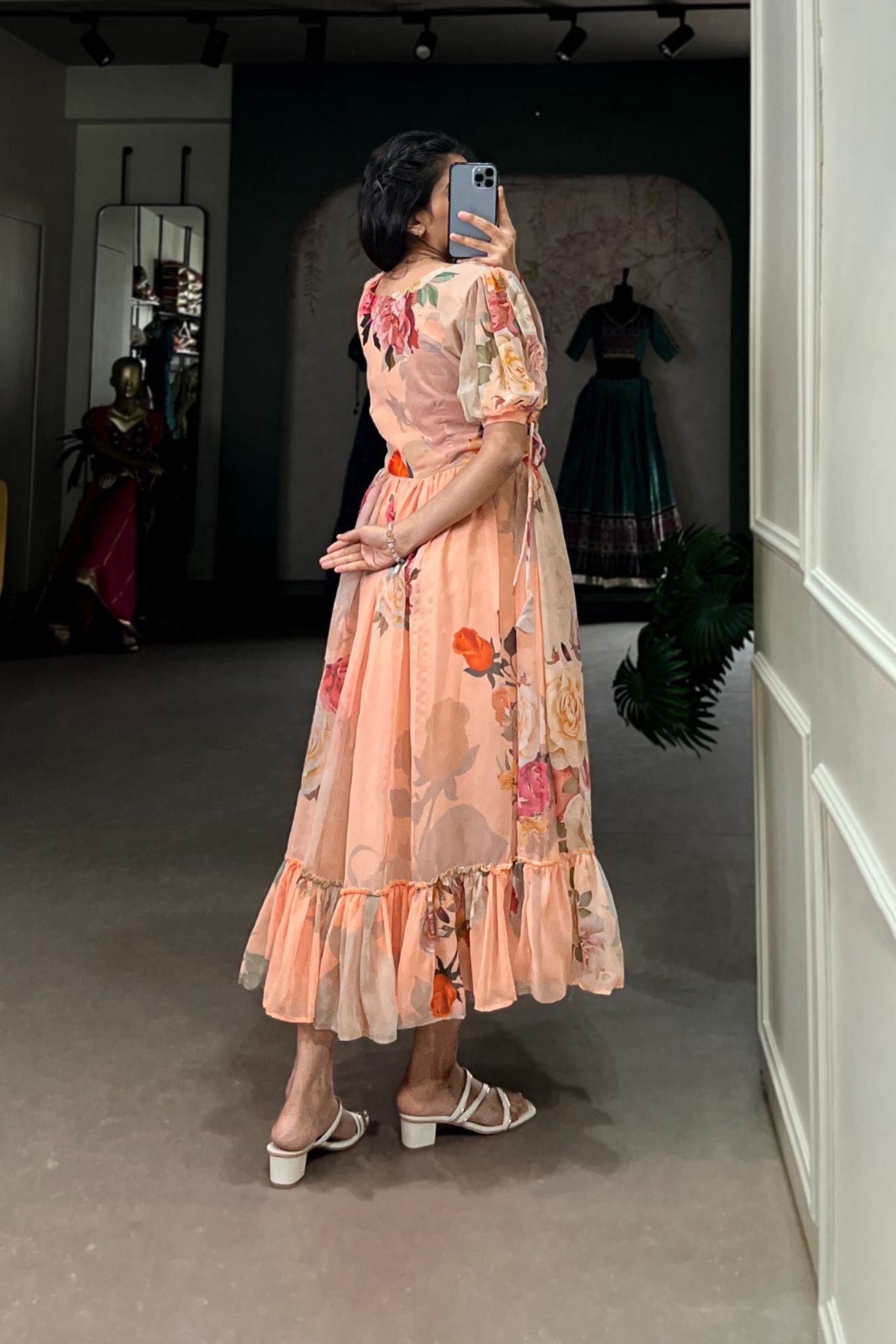 Peach Floral Printed Georgette Dress