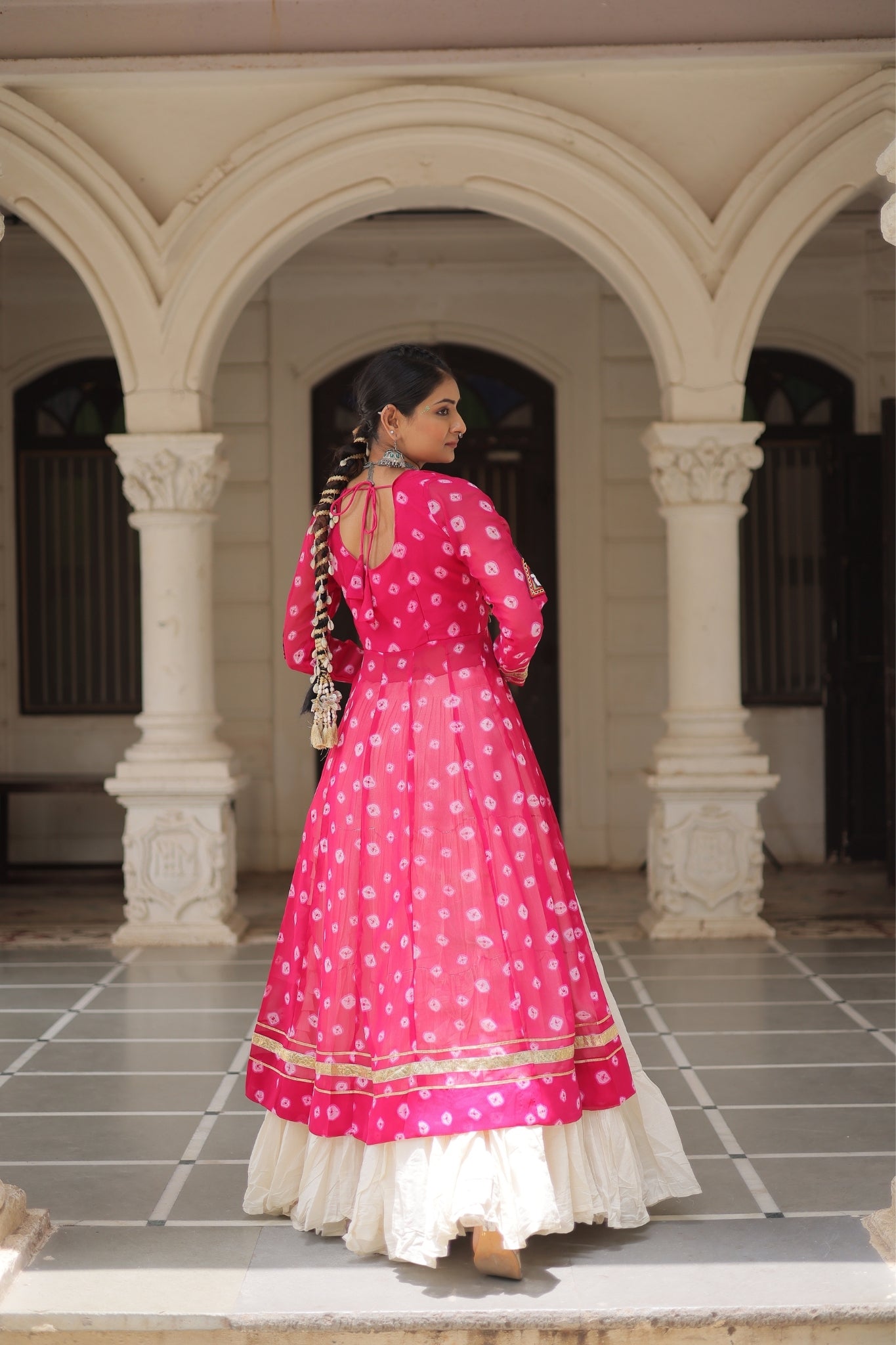Kora Cotton Stylish Frill Stitching Beautiful Navratri Lehenga With Bandhani Printed Kurti
