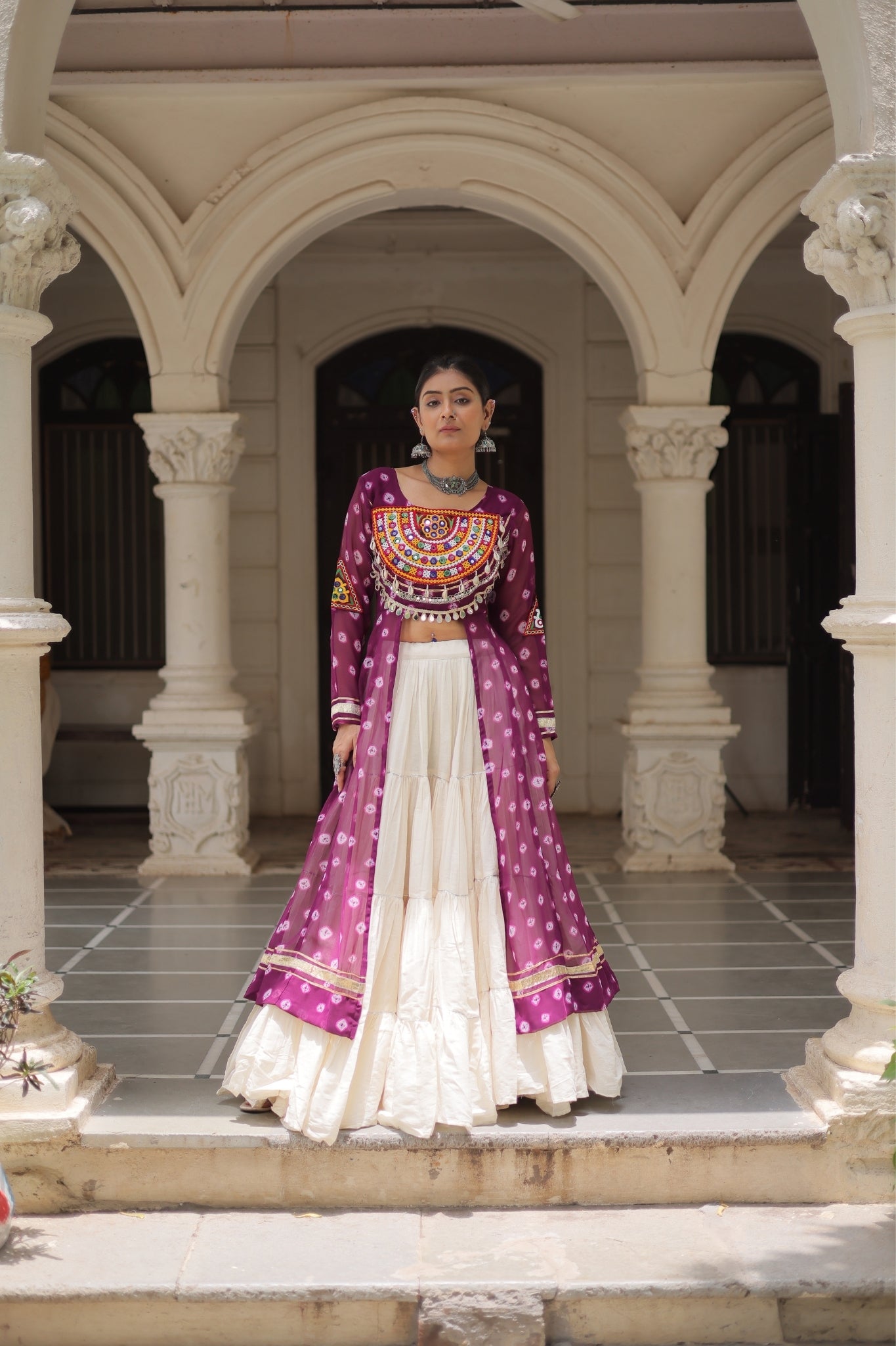 Kora Cotton Stylish Frill Stitching Beautiful Navratri Lehenga With Bandhani Printed Kurti