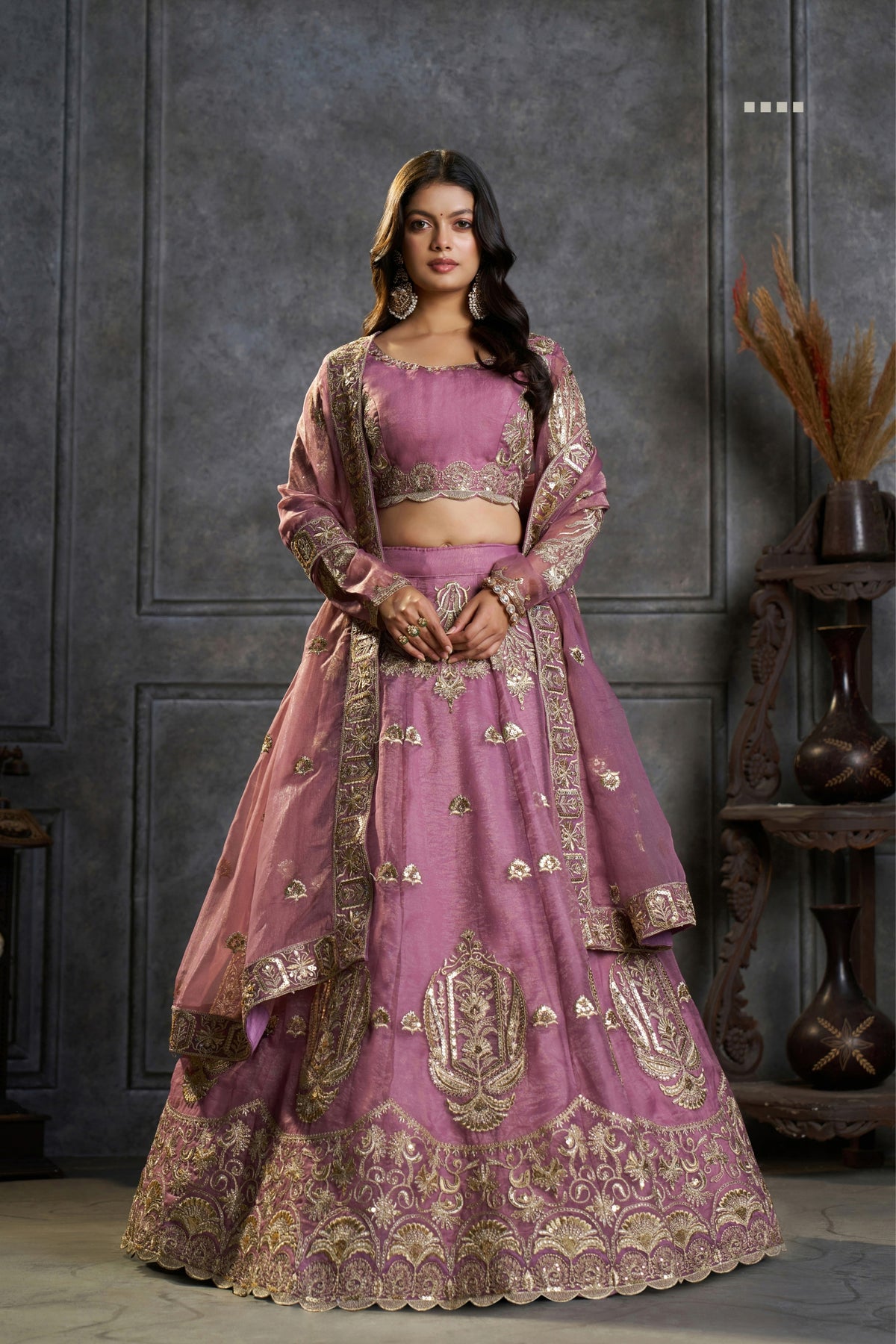 Pure Organza Embroidered Designer Lilac Zari Sequin Work Bridal & Party Wear Lehenga Choli With Dupatta