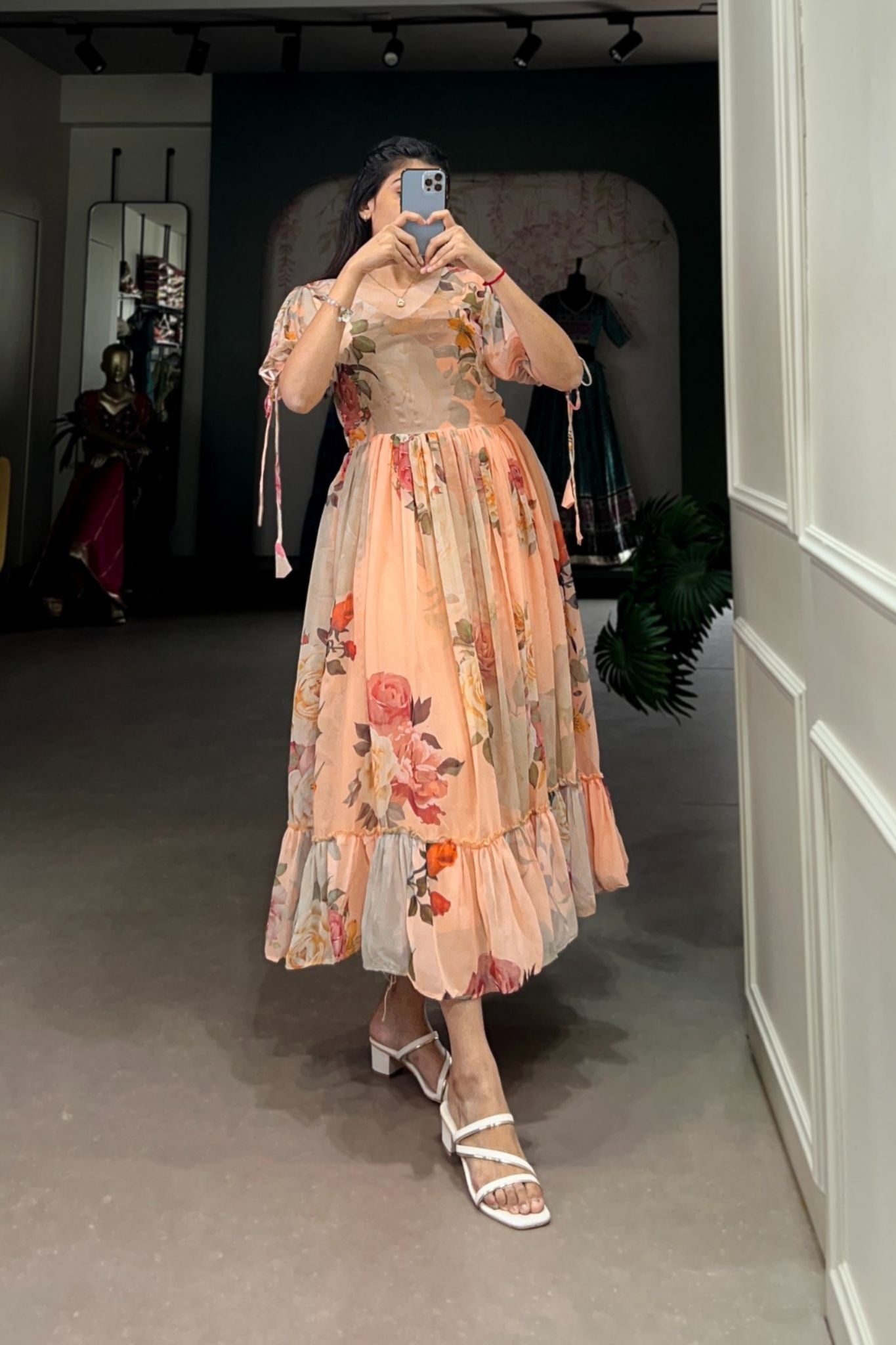 Peach Floral Printed Georgette Dress