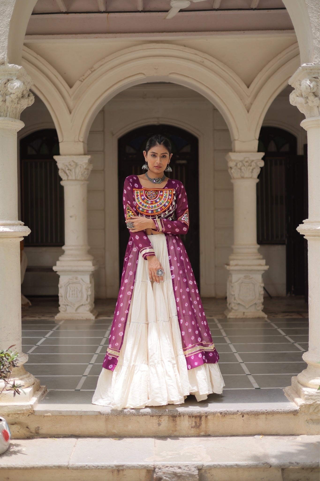 Kora Cotton Stylish Frill Stitching Beautiful Navratri Lehenga With Bandhani Printed Kurti