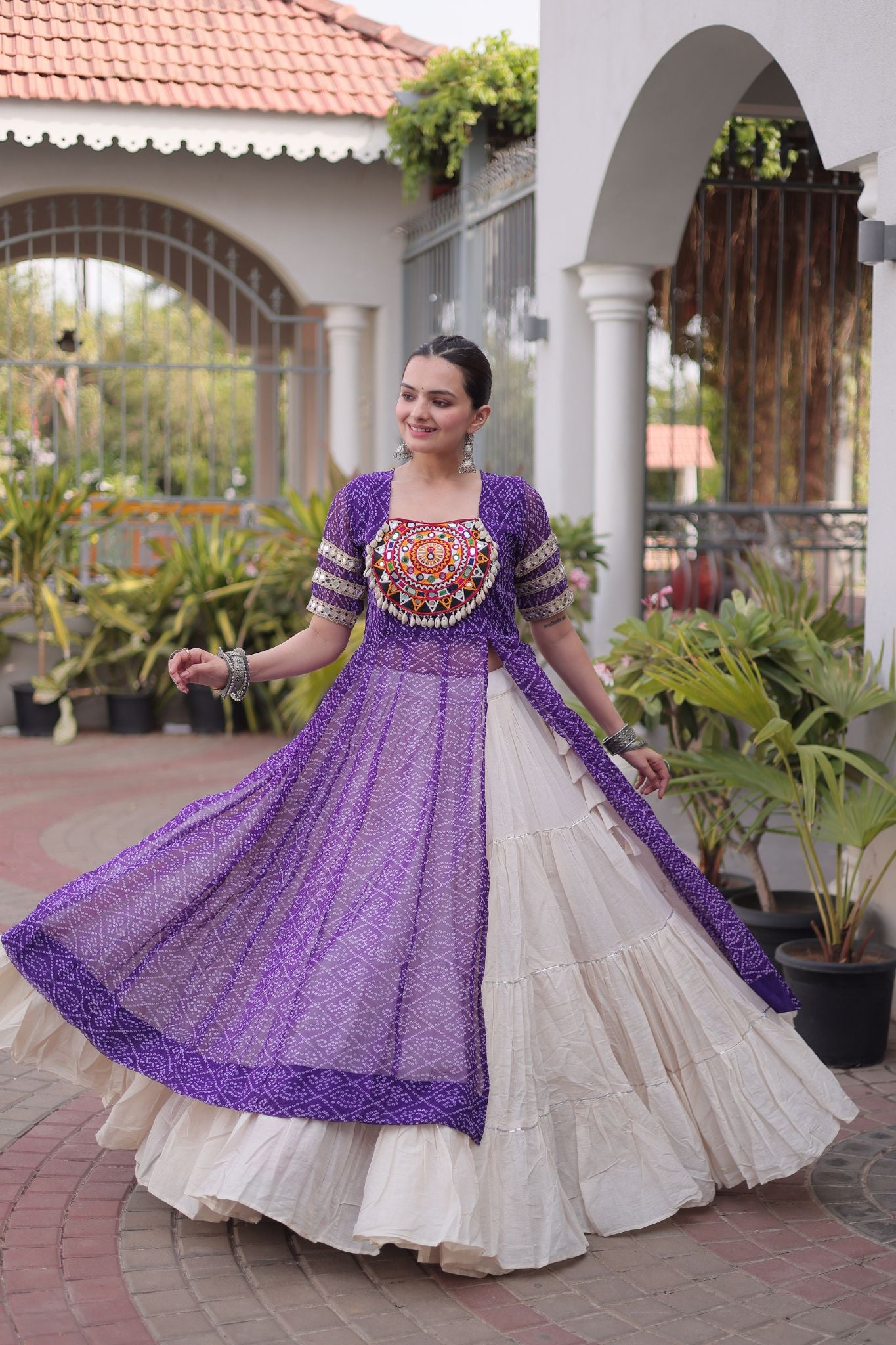 Raasrang Navratri Designer Kora Cotton Lehenga With Kutchi Patchwork Bandhani Print Kurti For Garba & Dandiya