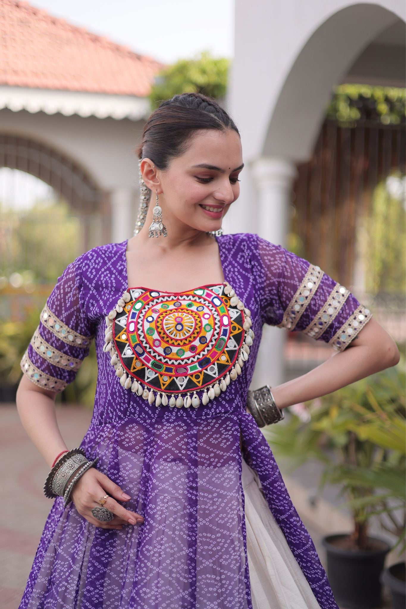 Raasrang Navratri Designer Kora Cotton Lehenga With Kutchi Patchwork Bandhani Print Kurti For Garba & Dandiya
