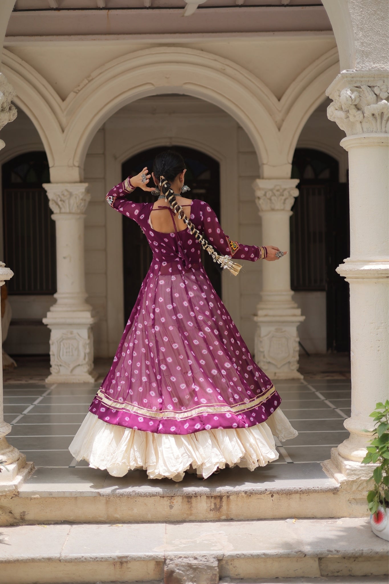 Kora Cotton Stylish Frill Stitching Beautiful Navratri Lehenga With Bandhani Printed Kurti